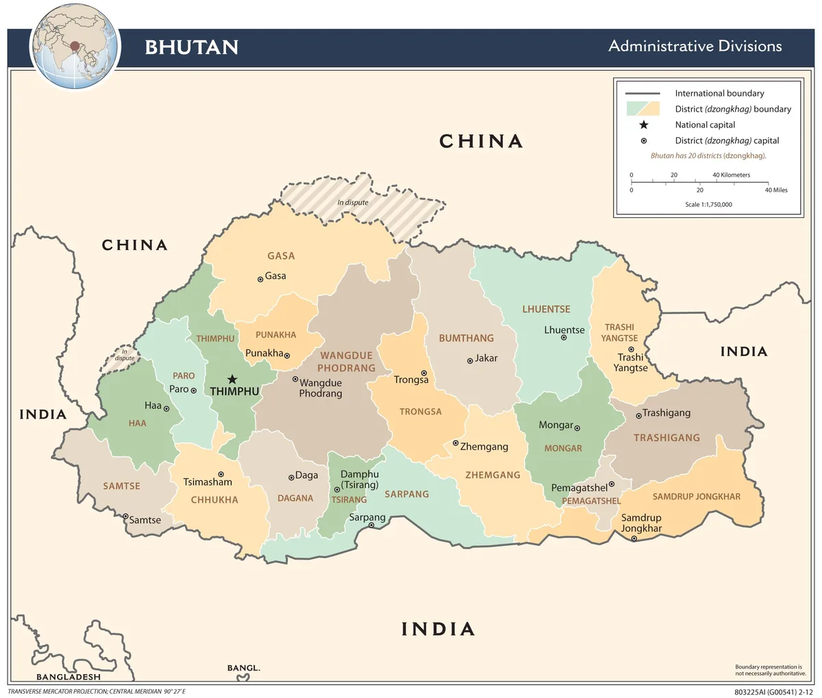 Mapa administrativo de Bután con sus 20 dzongkhags, Thimphu, Paro, Haa, Chhukha, Samtse, Punakha, Gasa, Wangdue Phodrang, Trongsa, Bumthang, Zhemgang, Sarpang, Lhuentse, Mongar, Trashigang y Samdrup Jongkhar
