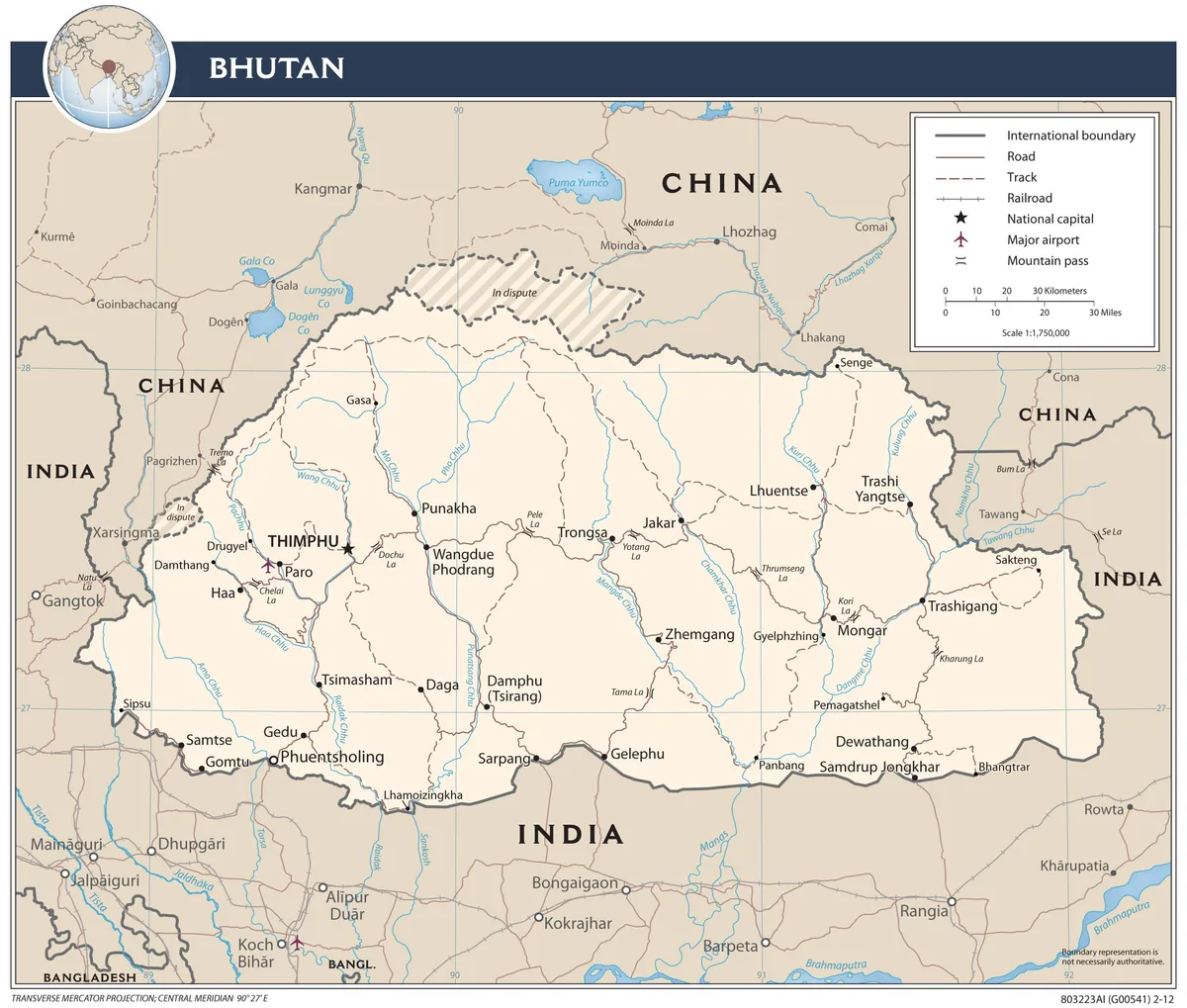 Mapa de transporte de Bután con carreteras, pistas, pasos de montaña, Thimphu, Paro, Punakha, Trongsa, Jakar, Mongar, Trashigang, Phuentsholing, Gelephu y Samdrup Jongkhar