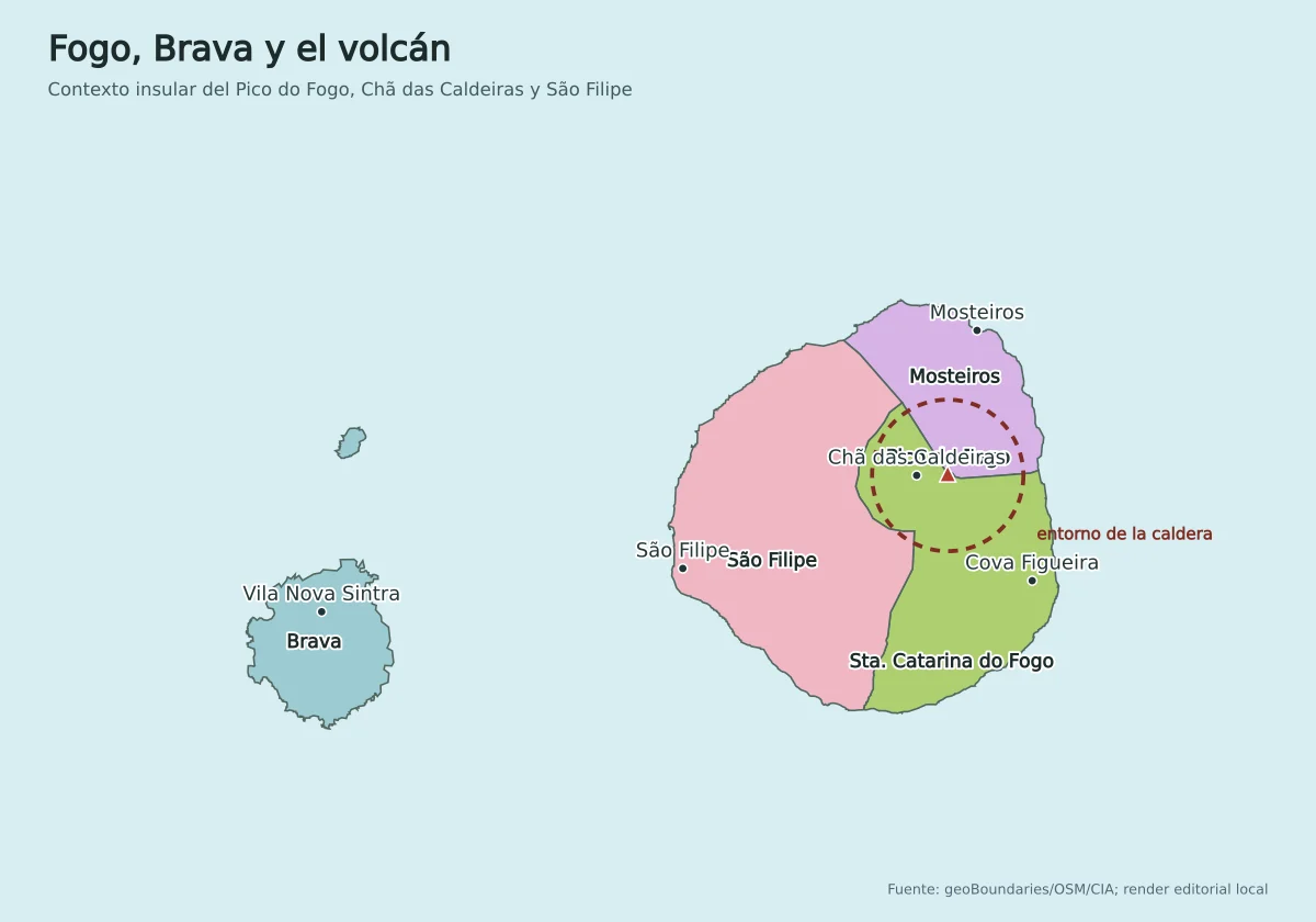 Mapa de Fogo y Brava con São Filipe, Mosteiros, Santa Catarina do Fogo, Pico do Fogo, Chã das Caldeiras y Vila Nova Sintra
