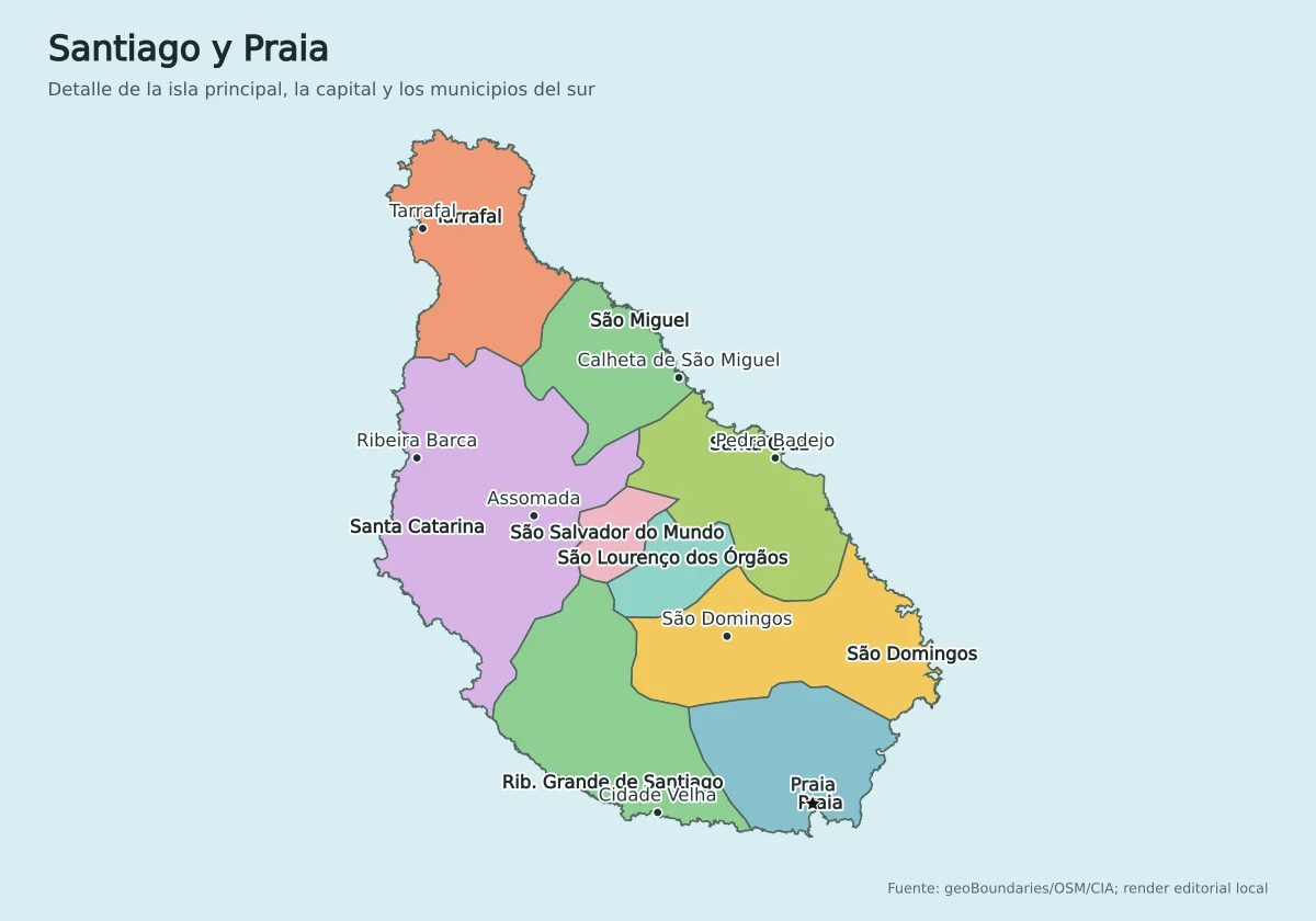 Mapa de Santiago en Cabo Verde con Praia, Cidade Velha, Assomada, Tarrafal, Santa Catarina, Santa Cruz, São Miguel, São Domingos y Ribeira Grande de Santiago