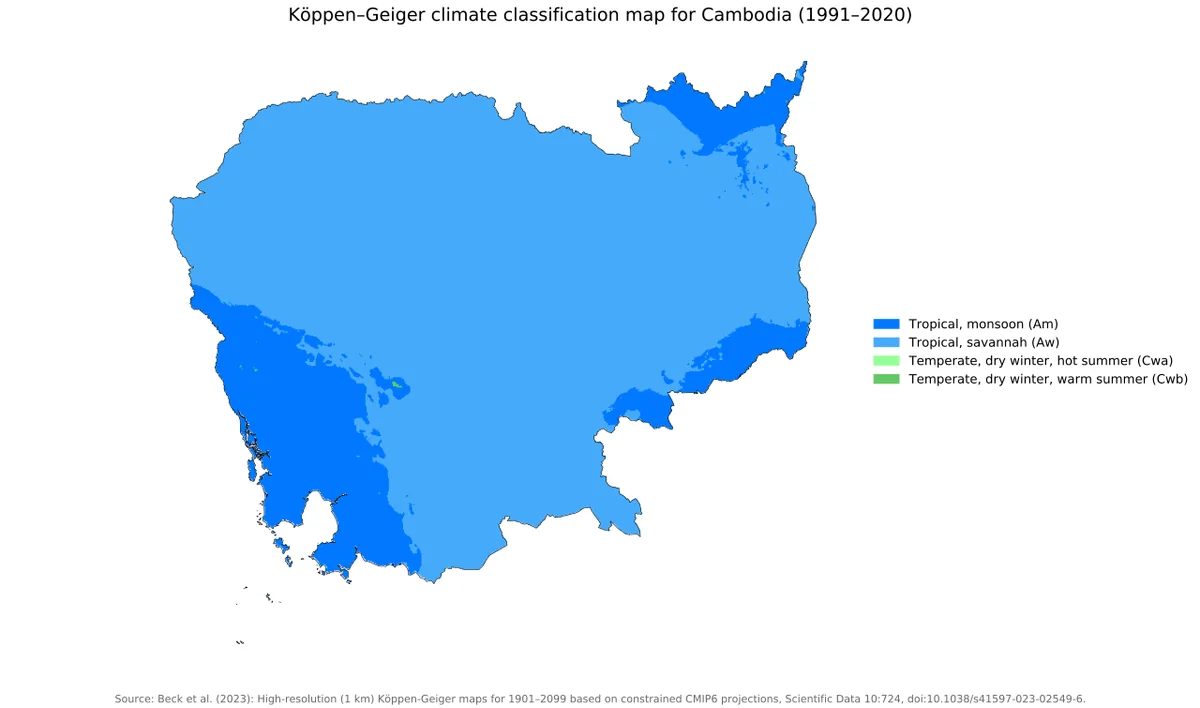 Mapa Köppen-Geiger de Camboya para 1991-2020 con clima tropical de sabana, monzón y pequeñas zonas templadas de montaña