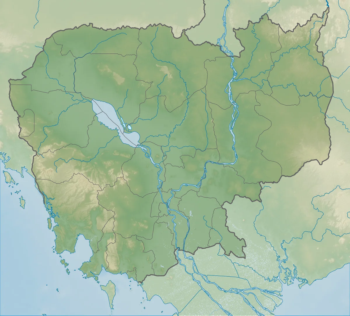 Mapa físico de Camboya con relieve, lago Tonle Sap, Mekong, costas y países vecinos