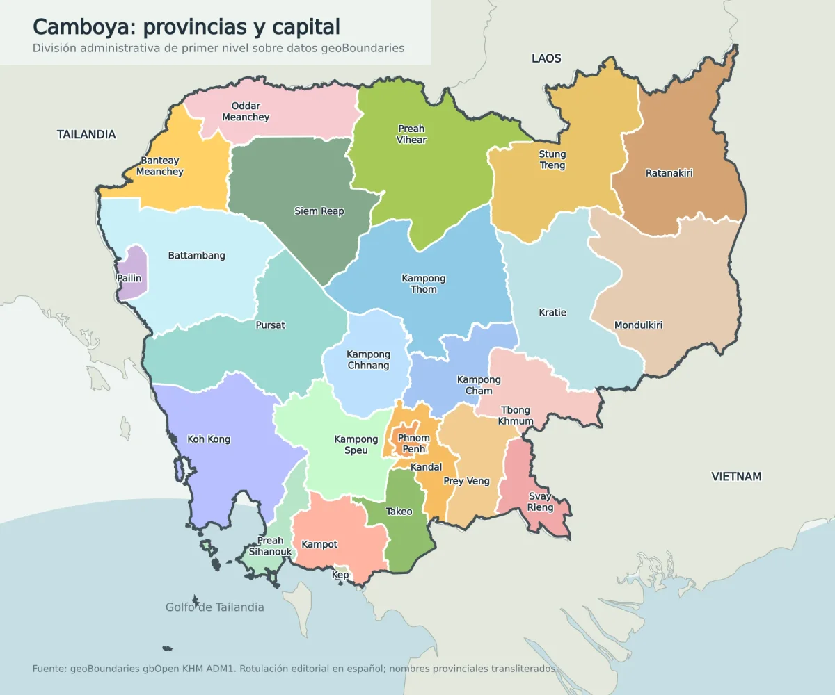 Mapa de Camboya con Phnom Penh y las provincias rotuladas en español