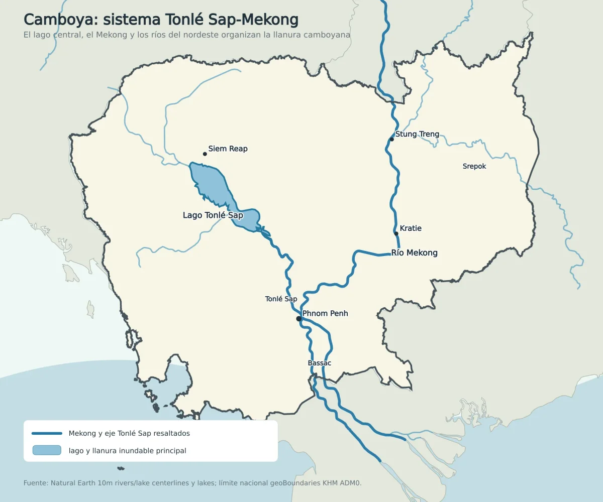 Mapa de Camboya con el lago Tonle Sap, el río Mekong, Phnom Penh, Siem Reap, Kratie y Stung Treng