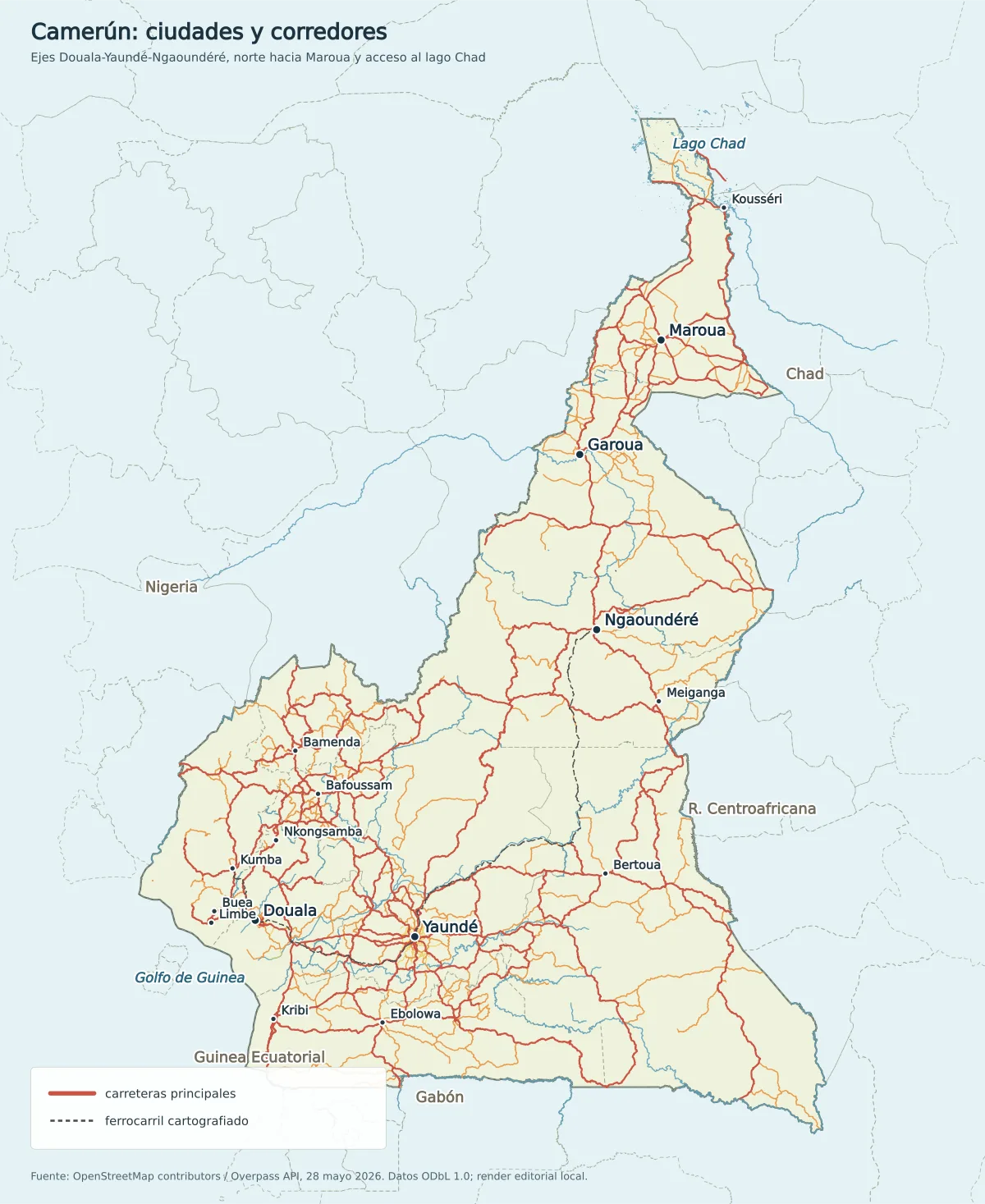 Mapa de Camerún con Douala, Yaundé, Bamenda, Bafoussam, Ngaoundéré, Garoua, Maroua, Kousséri, Bertoua, carreteras principales y ferrocarril