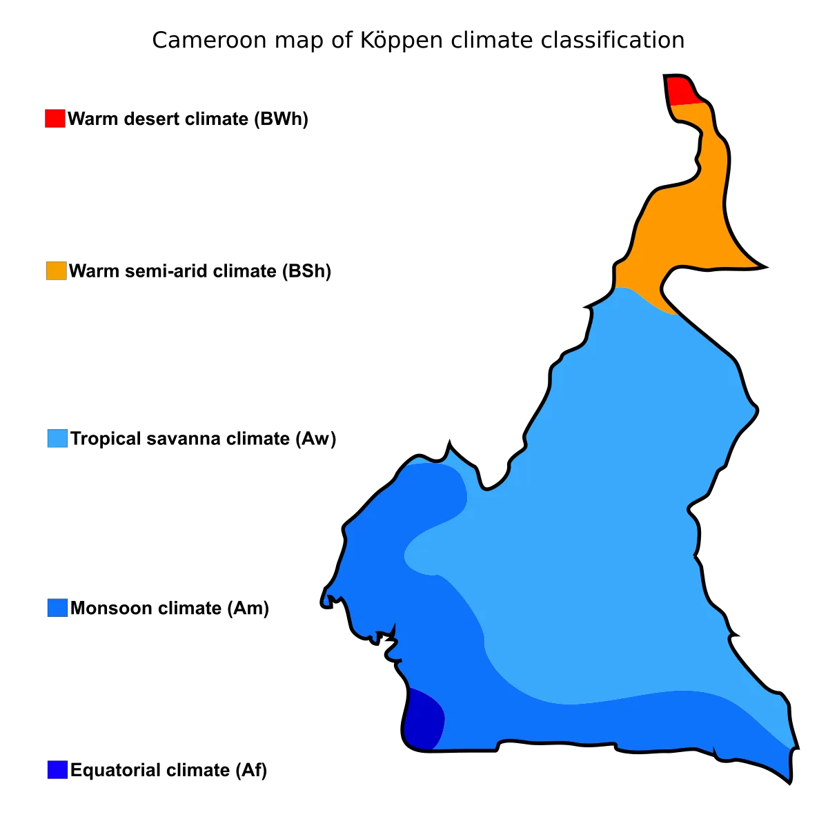 Mapa de clasificación climática Köppen de Camerún con clima ecuatorial, monzónico, sabana tropical, semiárido cálido y desértico cálido