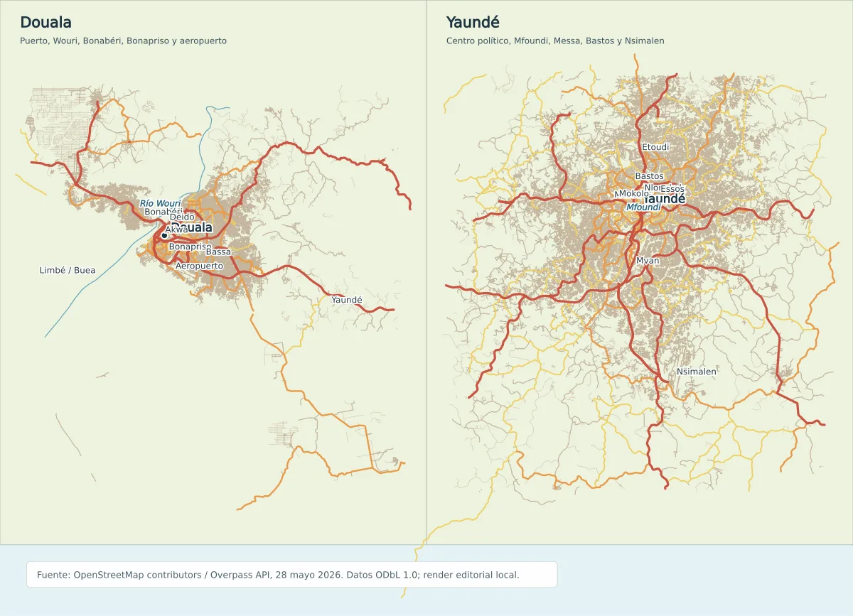 Mapa urbano comparado de Douala y Yaundé con barrios, vías principales, río Wouri, Mfoundi, puerto, aeropuerto y acceso a Nsimalen