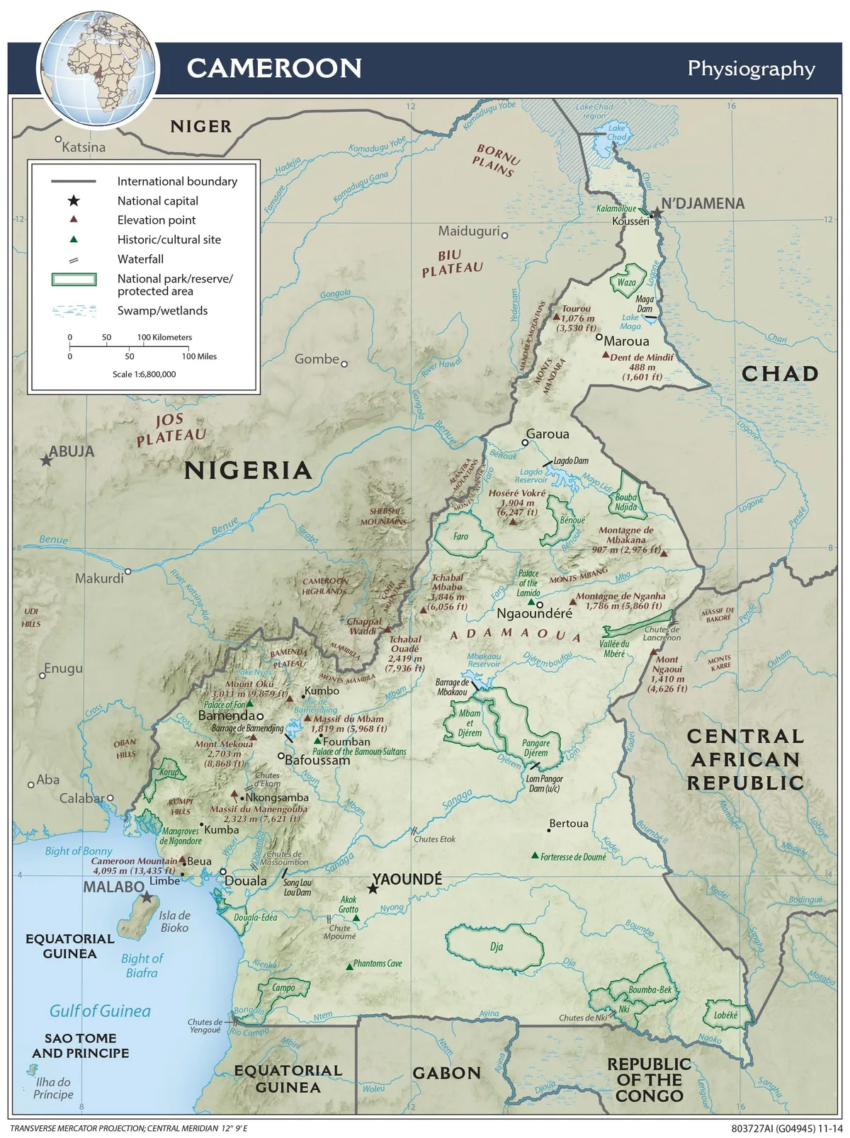 Mapa físico de Camerún con Monte Camerún, montes Mandara, meseta de Adamawa, ríos, lago Chad, parques nacionales y ciudades