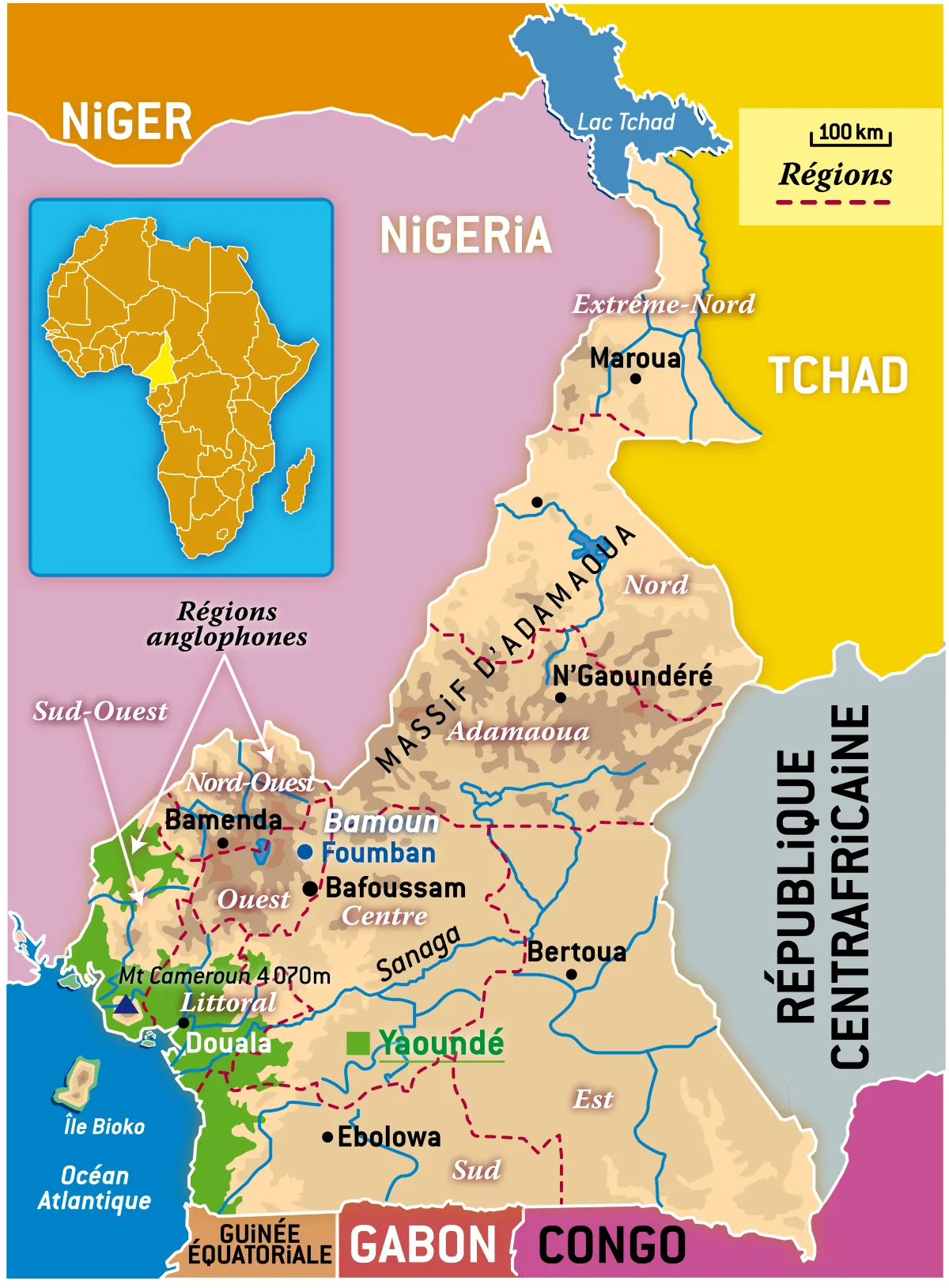 Mapa de Camerún en francés con las regiones Extremo Norte, Norte, Adamawa, Este, Centro, Sur, Litoral, Suroeste, Oeste y Noroeste