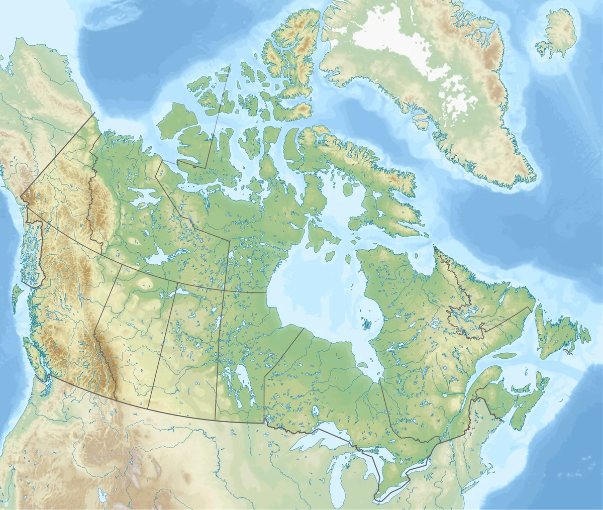 Mapa físico de Canadá con relieve, costas, ríos, lagos y límites provinciales