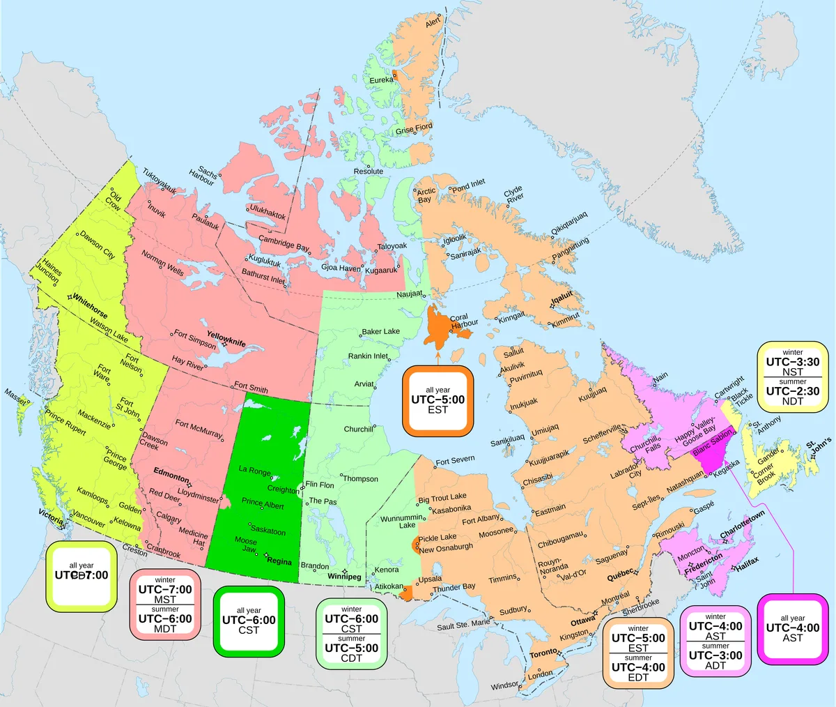 Mapa de Canadá de 2026 con husos horarios, ciudades y cambios de horario de verano