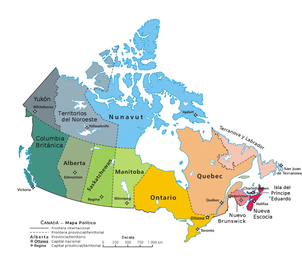 Mapa político de Canadá en español con provincias, territorios y capitales