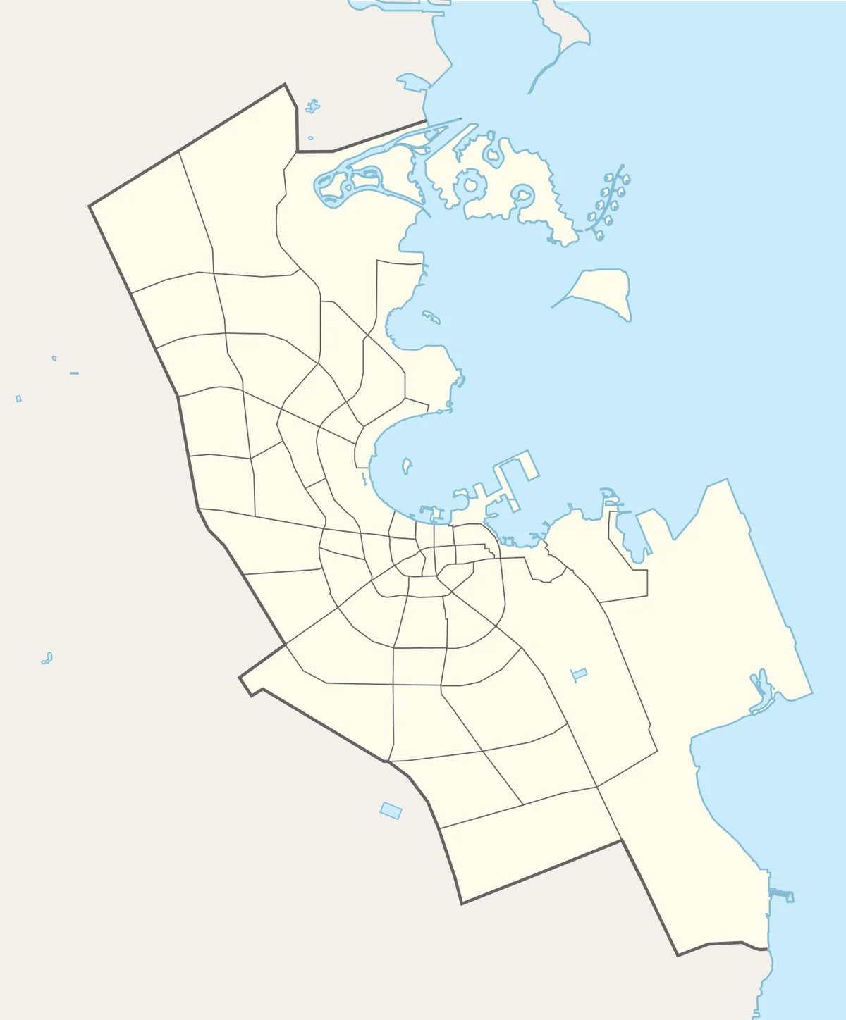 Mapa base de Doha y su costa con bahía, distritos, red viaria, The Pearl, Lusail, zona portuaria y el litoral hacia Al Wakrah