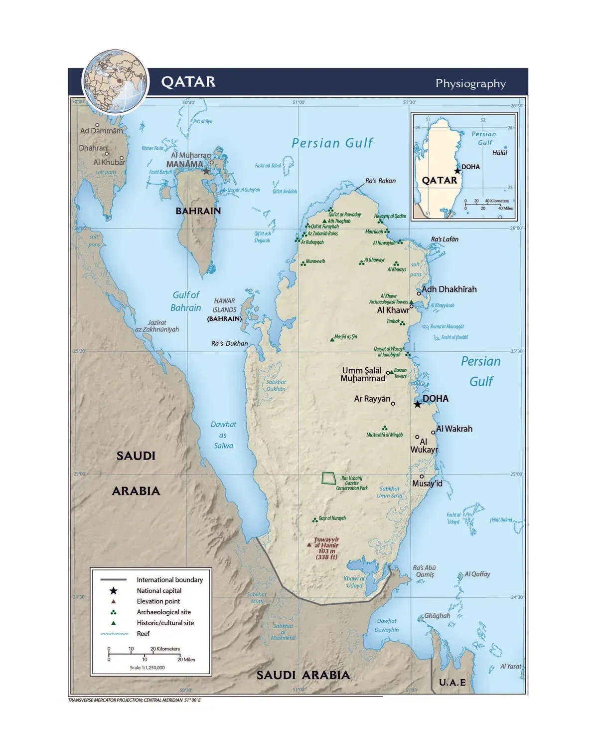 Mapa físico de Catar con relieve, península, Doha, Al Khor, Al Wakrah, Dukhan, sabkhas, arrecifes, golfo de Bahréin, Arabia Saudí, Bahréin y Emiratos Árabes Unidos