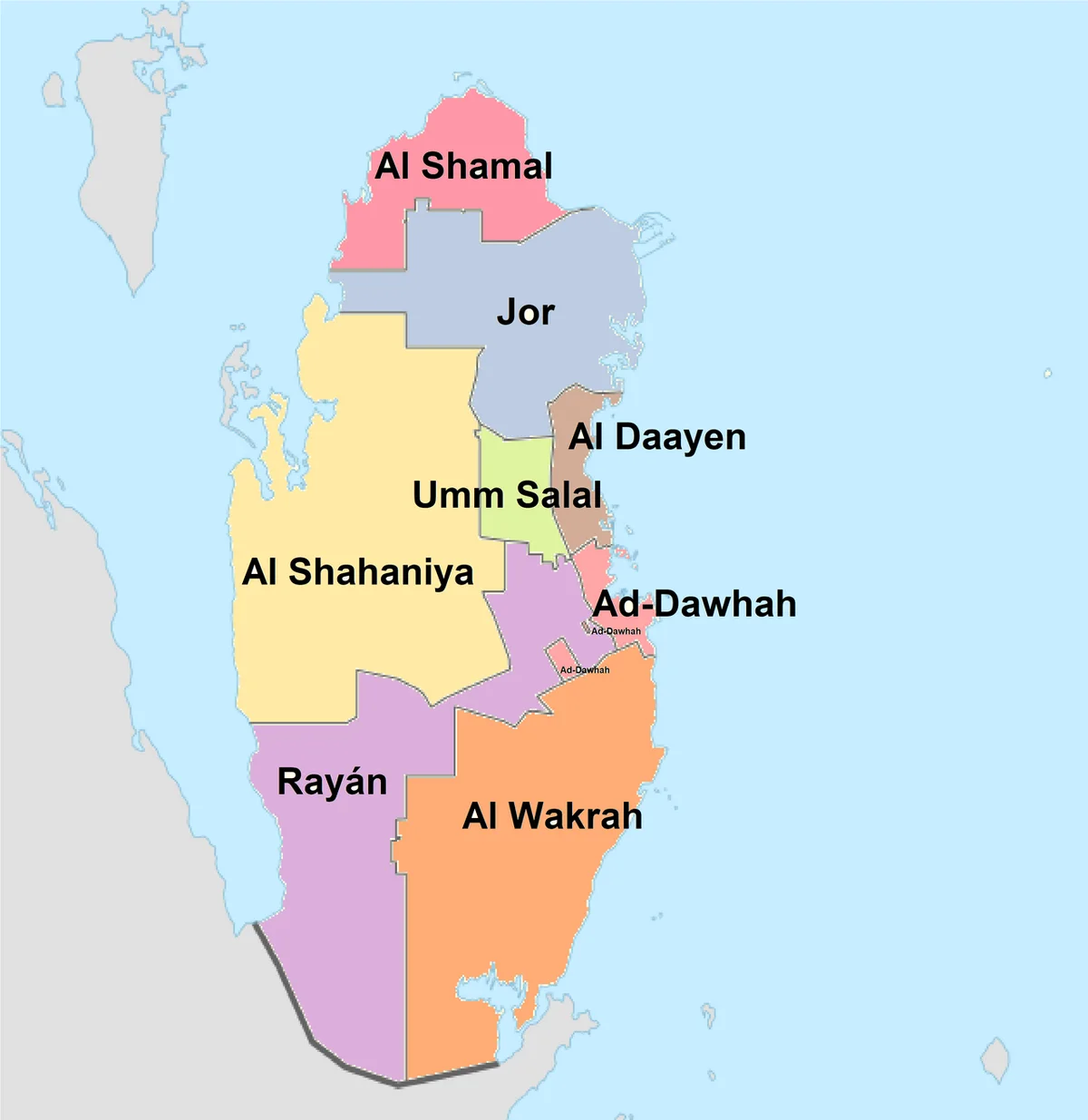 Mapa de Catar con municipios rotulados en español o transliteración próxima: Al Shamal, Jor, Al Daayen, Umm Salal, Ad-Dawhah, Al Shahaniya, Rayán y Al Wakrah