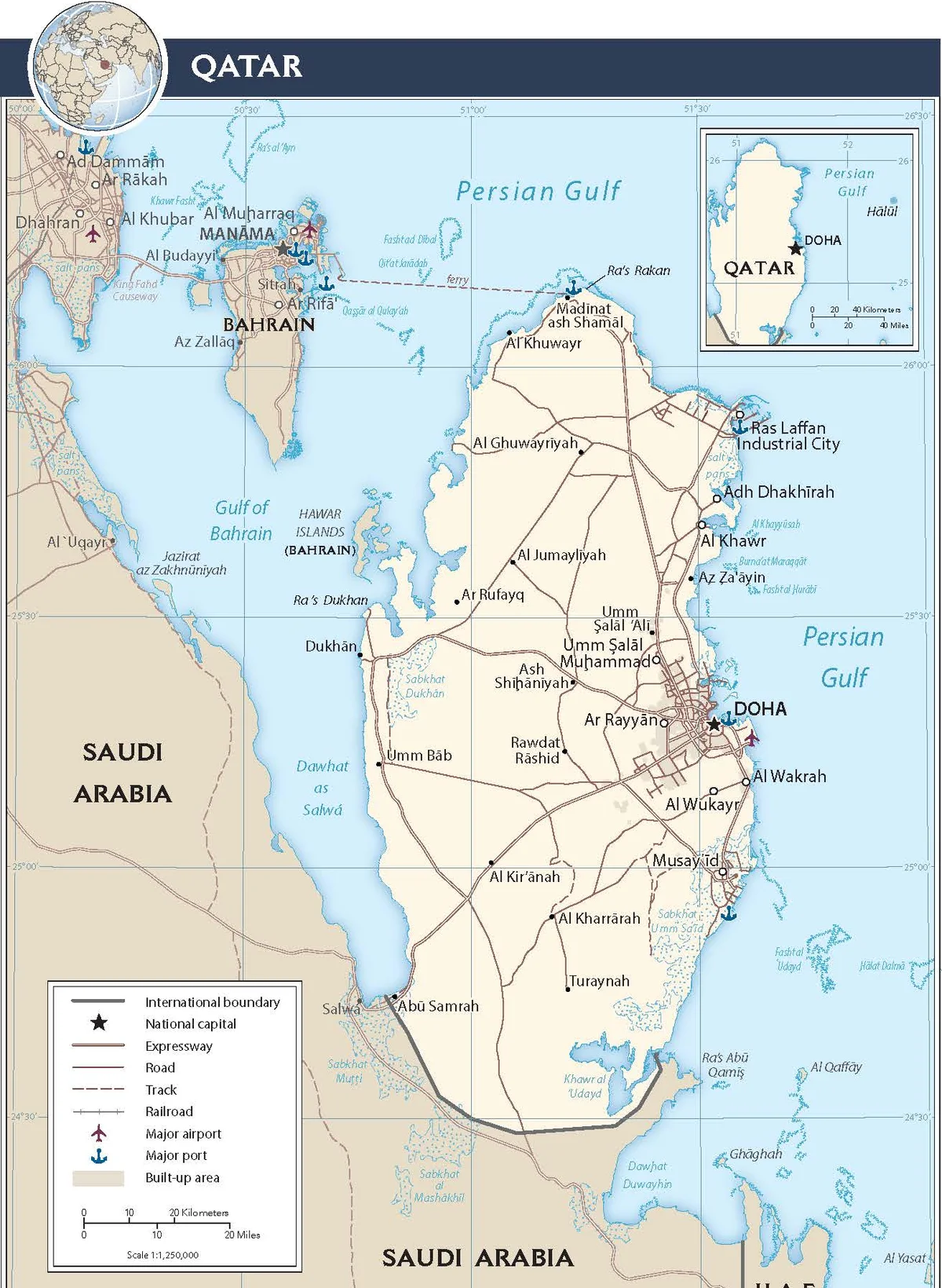 Mapa de transporte de Catar con autopistas, carreteras, pistas, ferrocarril, aeropuerto de Doha, puertos, Ras Laffan, Al Khor, Dukhan, Al Wakrah y frontera de Abu Samrah