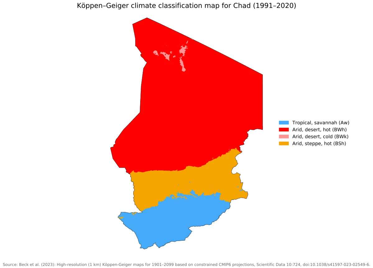 Mapa de Chad con clasificación climática Köppen-Geiger 1991-2020, desde desierto cálido al norte hasta sabana tropical al sur