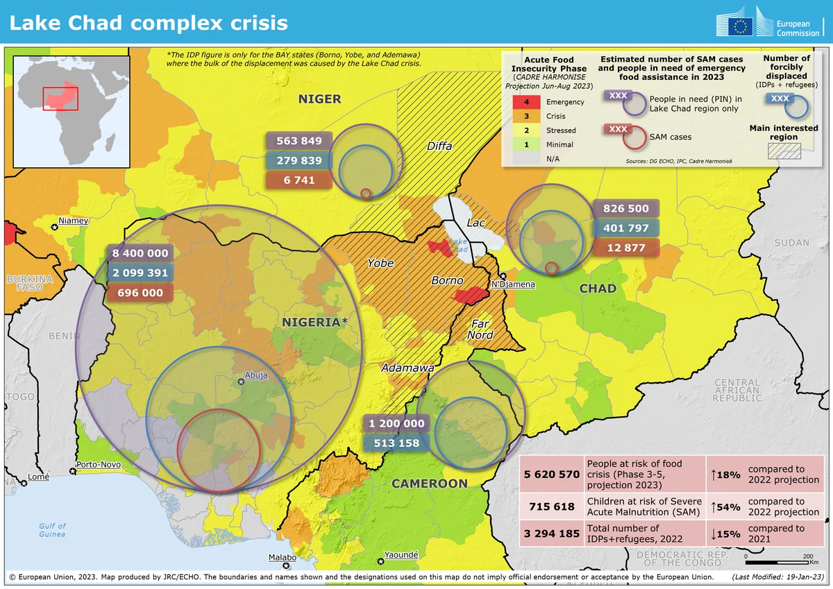 Mapa regional de la crisis compleja del Lago Chad con Chad, Nigeria, Níger y Camerún, desplazamientos, inseguridad alimentaria y zonas afectadas