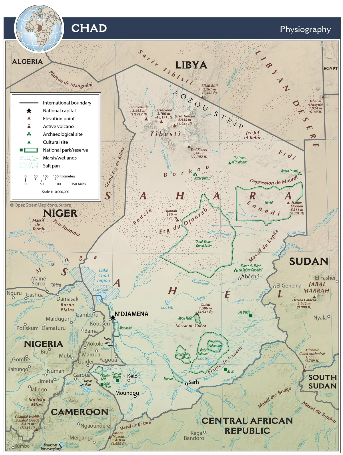 Mapa físico de Chad con relieve del Tibesti, Ennedi, Sahara, Lago Chad, ríos, humedales, parques nacionales y ciudades principales