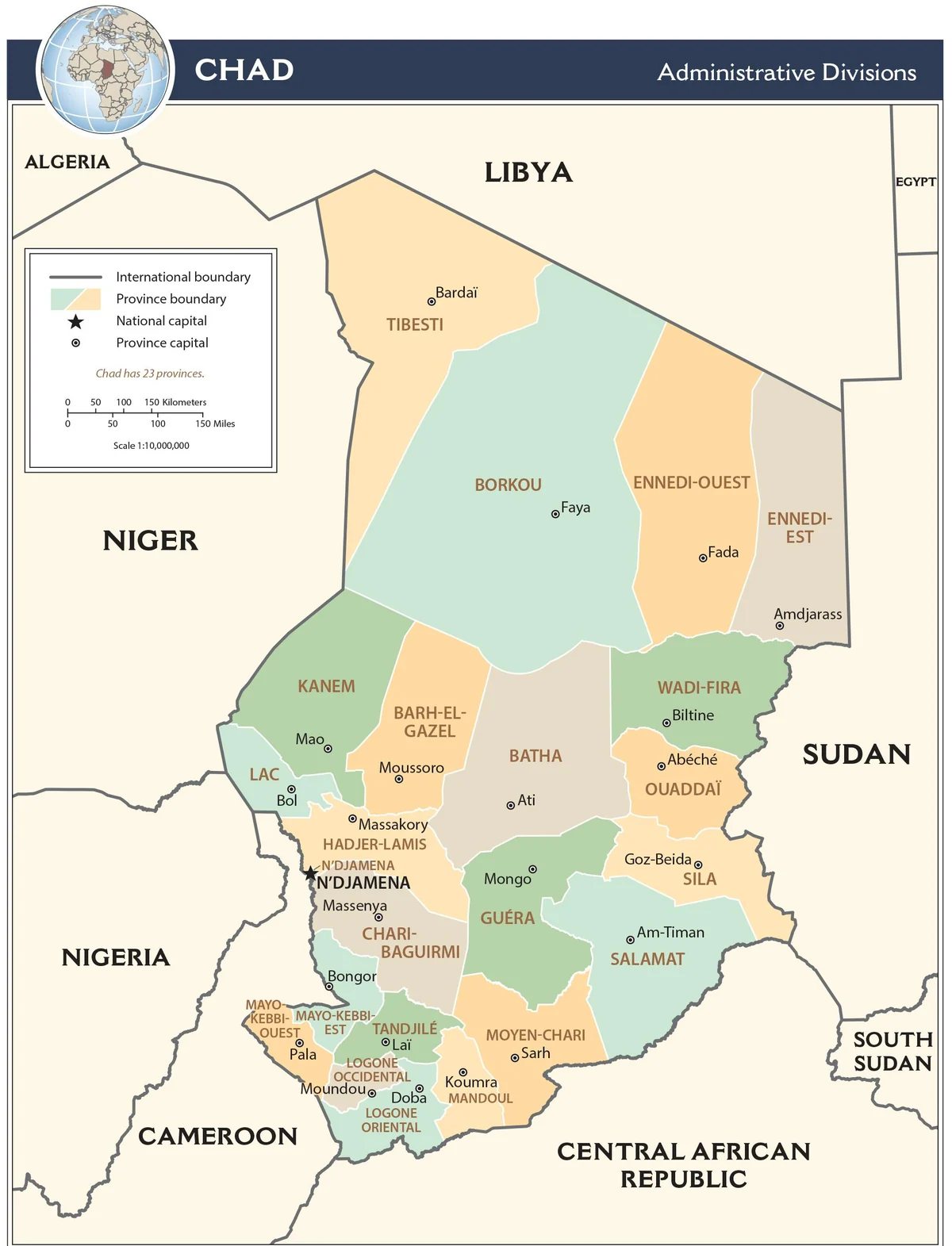 Mapa administrativo de Chad con sus 23 provincias, capital nacional en N'Djamena y capitales provinciales