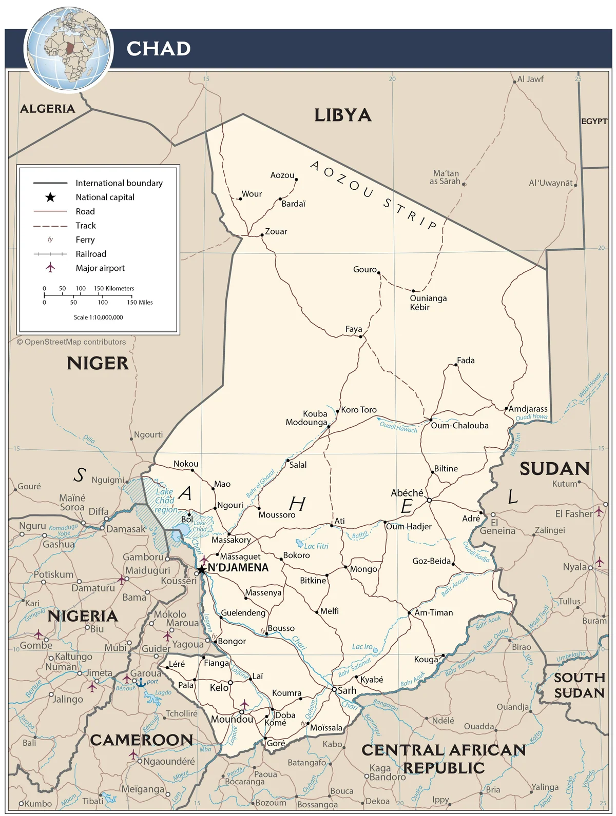 Mapa de transporte de Chad con carreteras, pistas, transbordadores, aeropuerto principal y corredores hacia N'Djamena, Abéché, Sarh y Faya
