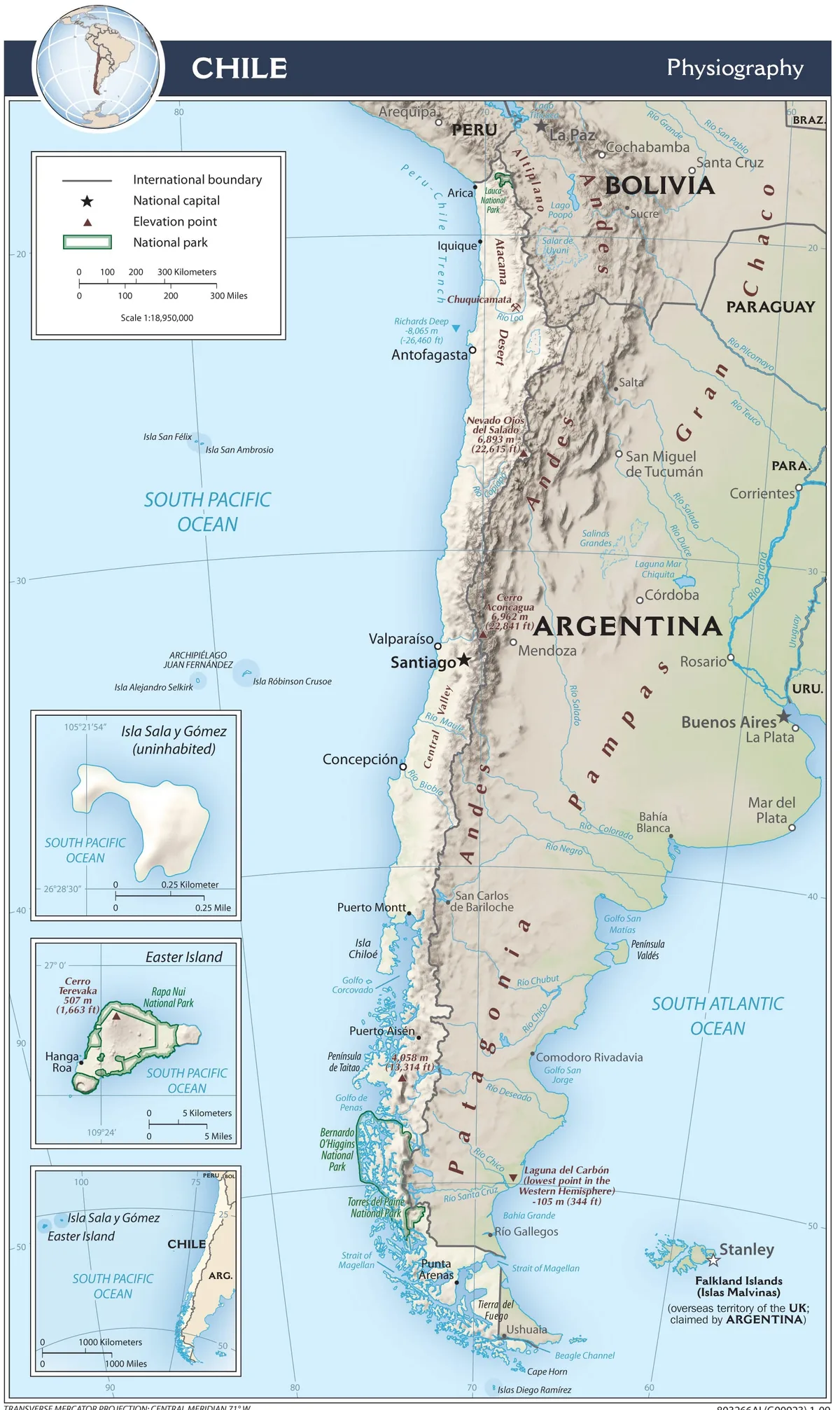 Mapa físico de Chile con cordillera de los Andes, desierto de Atacama, valle central, lagos, fiordos, Patagonia, Rapa Nui y Juan Fernández