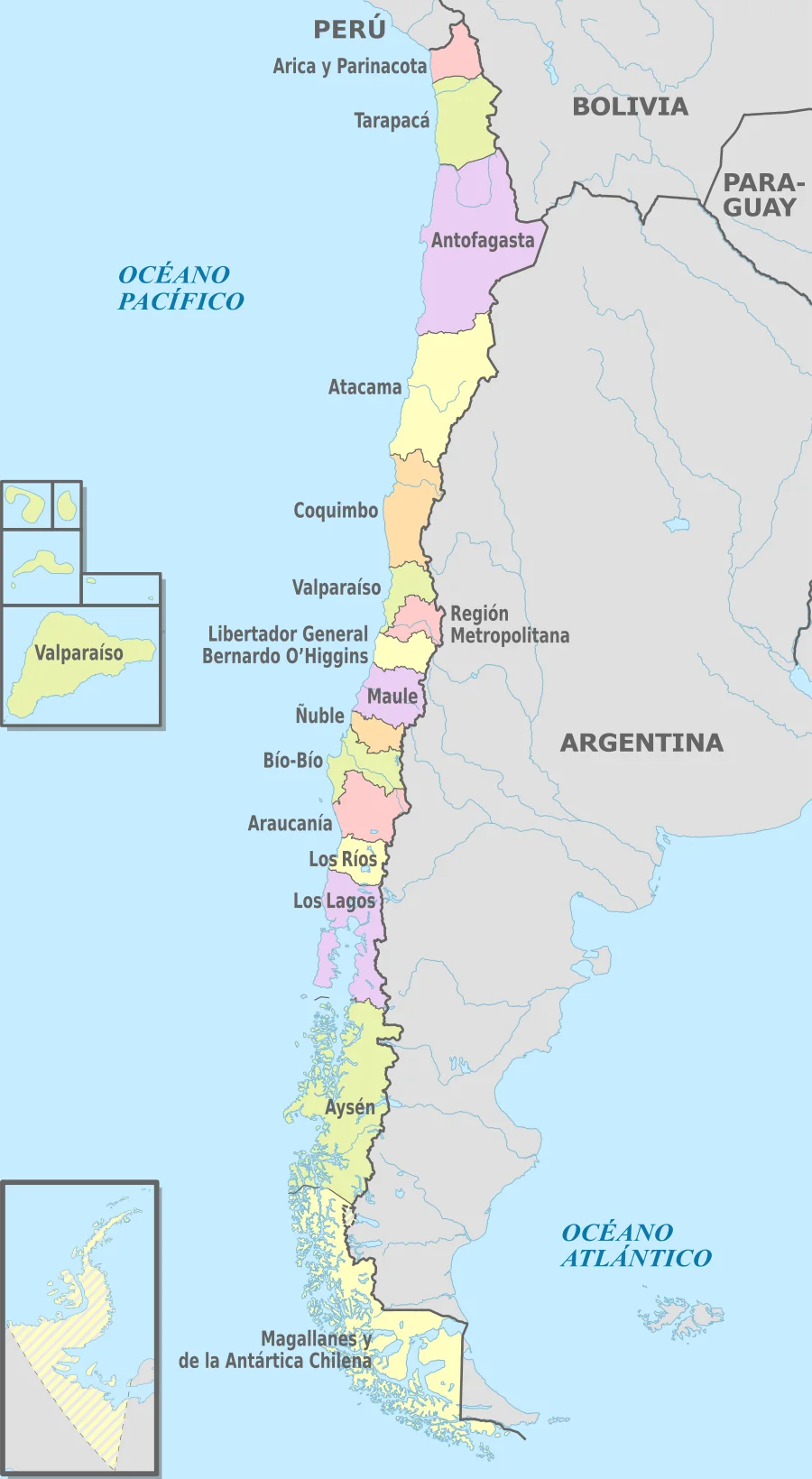 Mapa político de Chile con regiones, países vecinos, océano Pacífico y territorios insulares