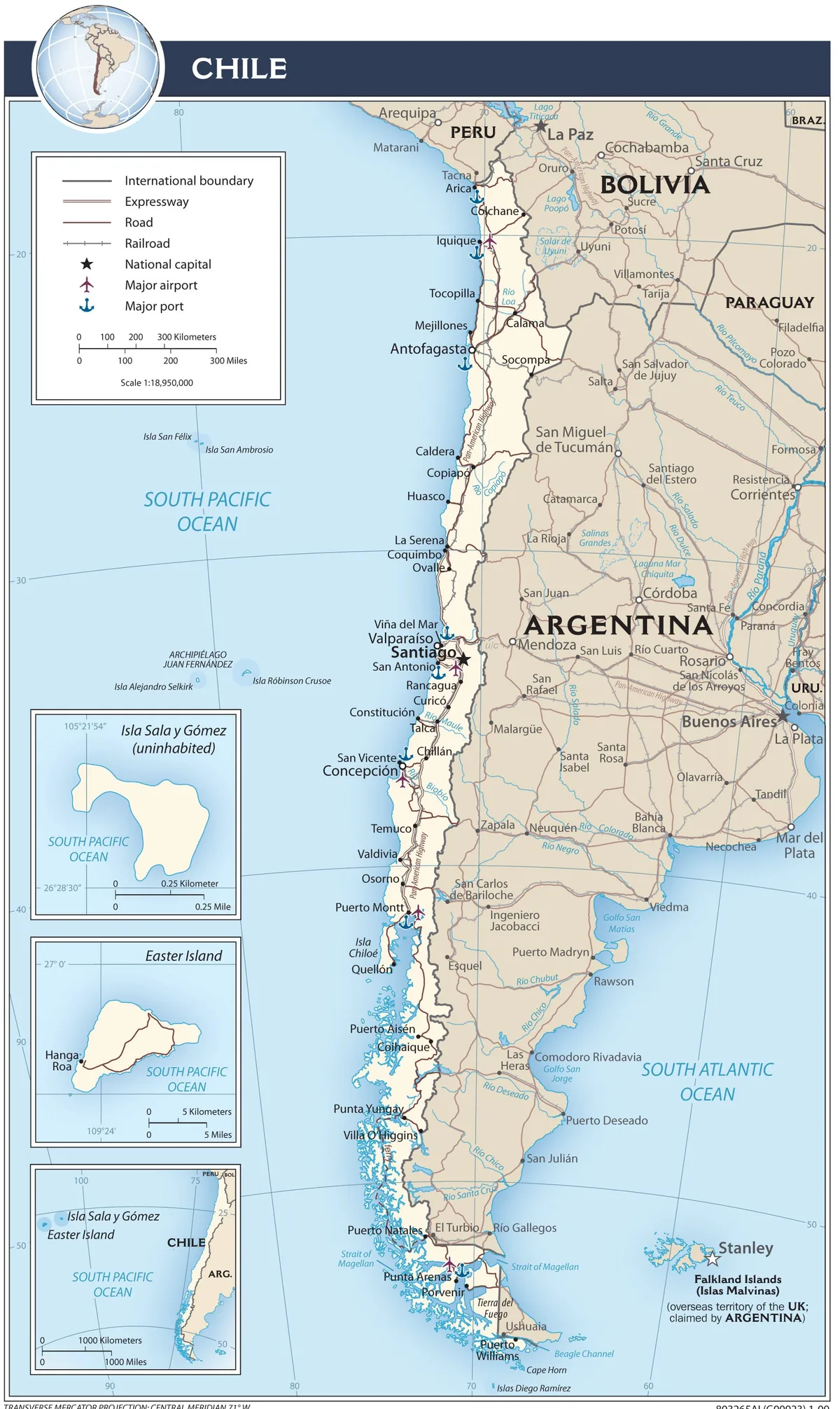 Mapa de transporte de Chile con carreteras, ferrocarril, puertos, aeropuertos, Santiago, Valparaíso, Concepción, Puerto Montt y Punta Arenas