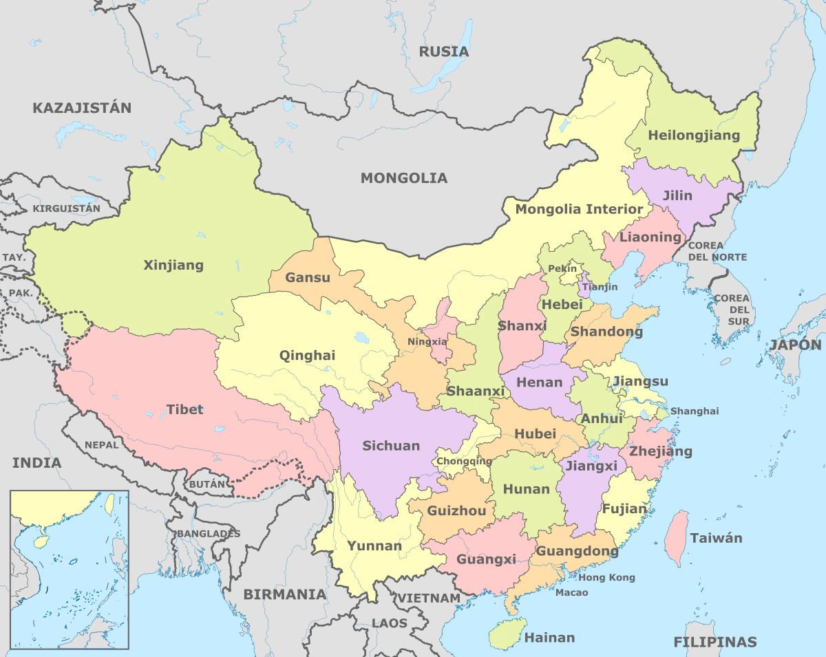 Mapa administrativo de China en español con provincias, regiones autónomas, municipalidades, Hong Kong, Macao y Taiwán según la fuente