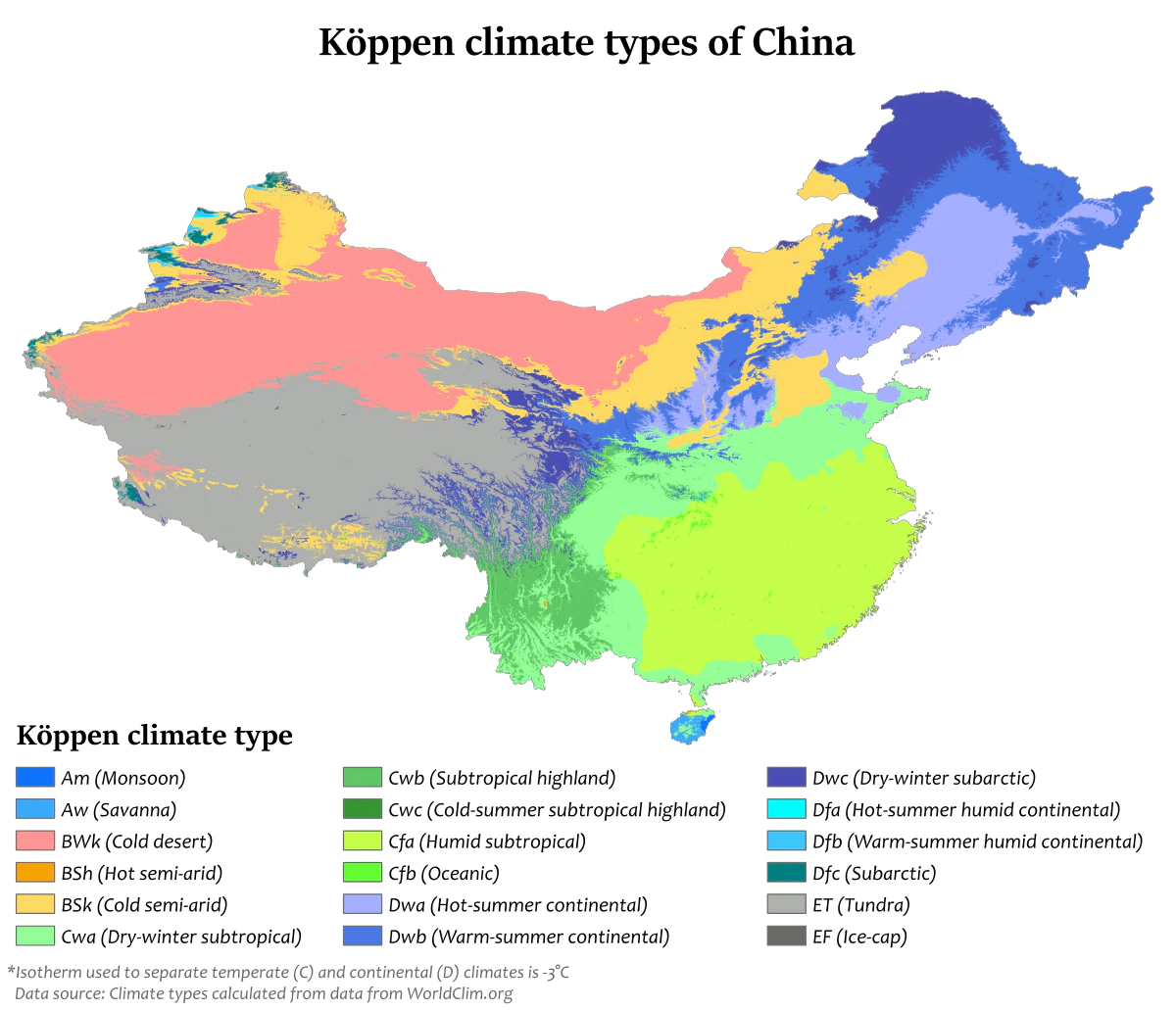 Mapa de China con clasificación climática de Köppen, zonas áridas, subtropicales, continentales, monzónicas y de alta montaña