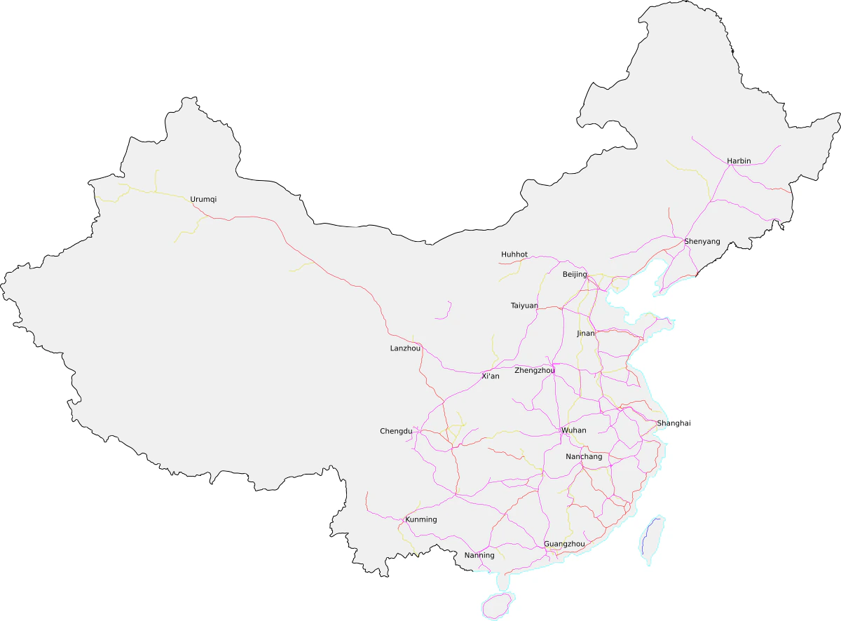 Mapa de China con líneas ferroviarias de alta velocidad y mayor velocidad, Pekín, Shanghai, Guangzhou, Wuhan, Xian, Chengdu y Urumqi