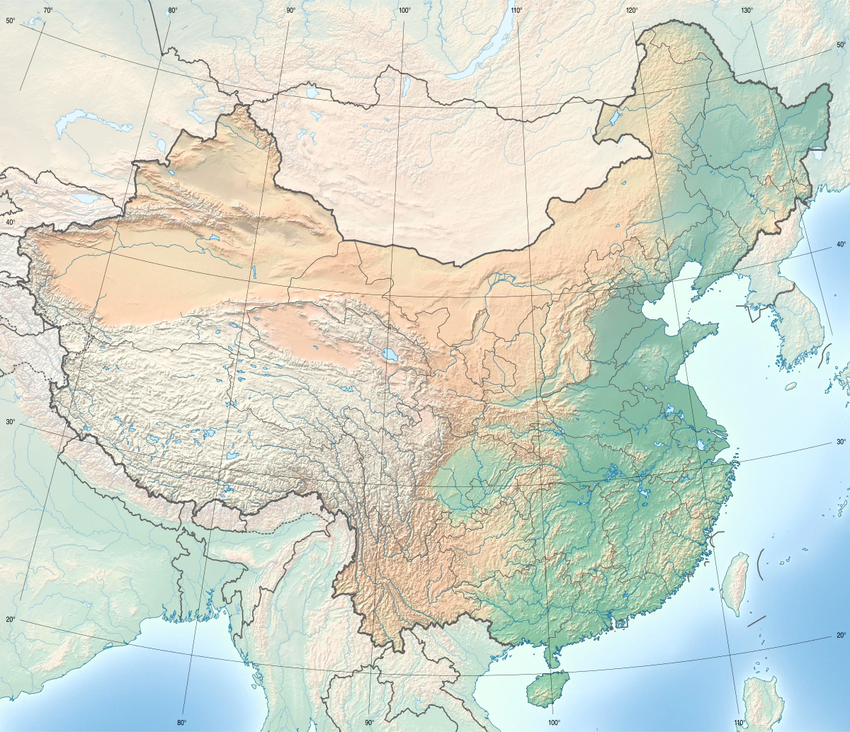 Mapa físico de China con relieve, altiplano tibetano, desiertos, llanuras orientales, ríos, costas y límites administrativos