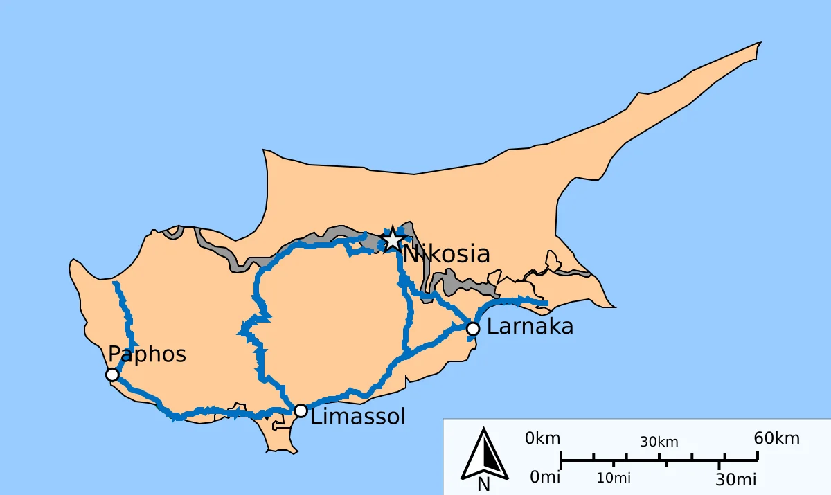 Mapa de Chipre con autopistas y carreteras principales entre Nicosia, Limassol, Larnaca y Paphos