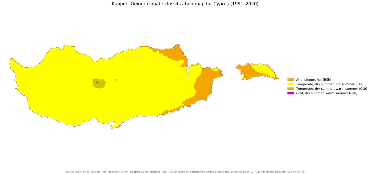 Mapa de Chipre con clasificación climática Köppen-Geiger 1991-2020 y predominio de clima mediterráneo de verano seco y caluroso