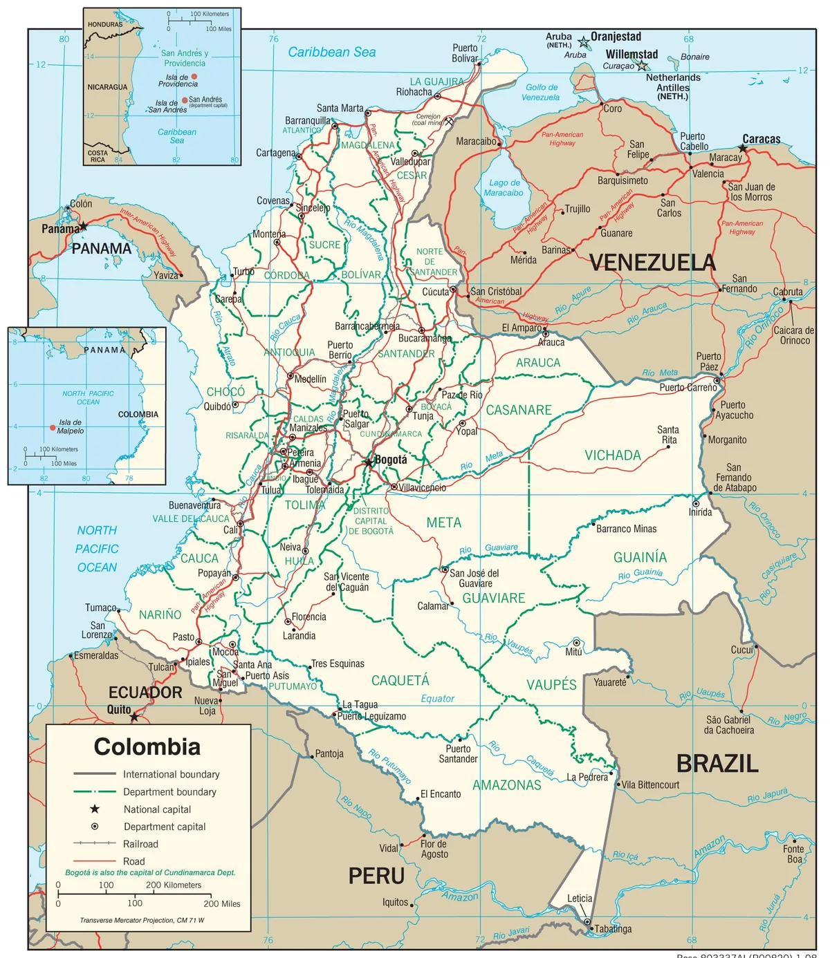 Mapa de transporte de Colombia con carreteras, ferrocarril, aeropuertos, puertos, Bogotá, Medellín, Cali, Barranquilla, Cartagena y Buenaventura