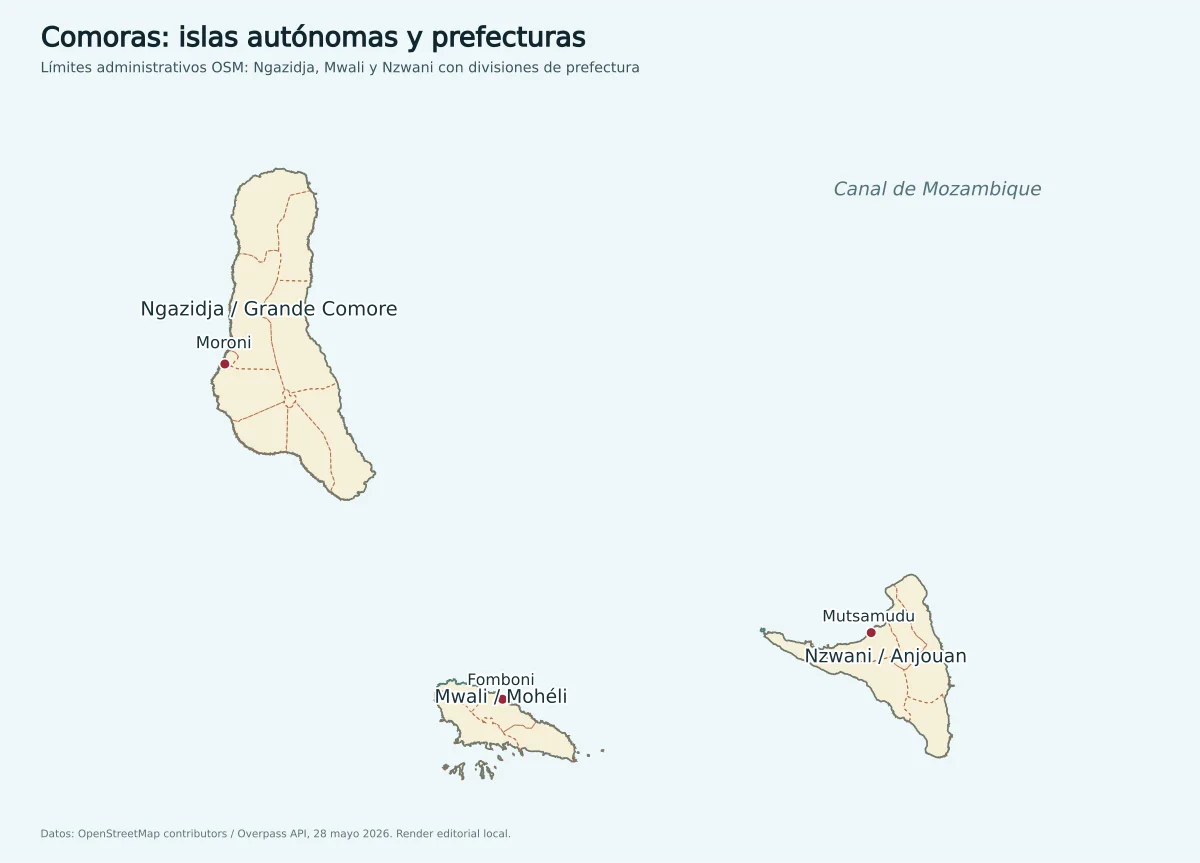 Mapa administrativo de Comoras con Ngazidja o Grande Comore, Mwali o Mohéli, Nzwani o Anjouan, Moroni, Fomboni, Mutsamudu y límites de prefecturas