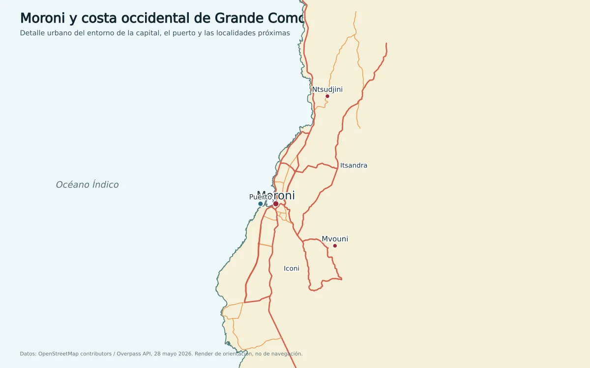 Mapa de Moroni en Grande Comore con el puerto, la costa occidental, carreteras, Iconi, Itsandra, Mvouni y Ntsudjini
