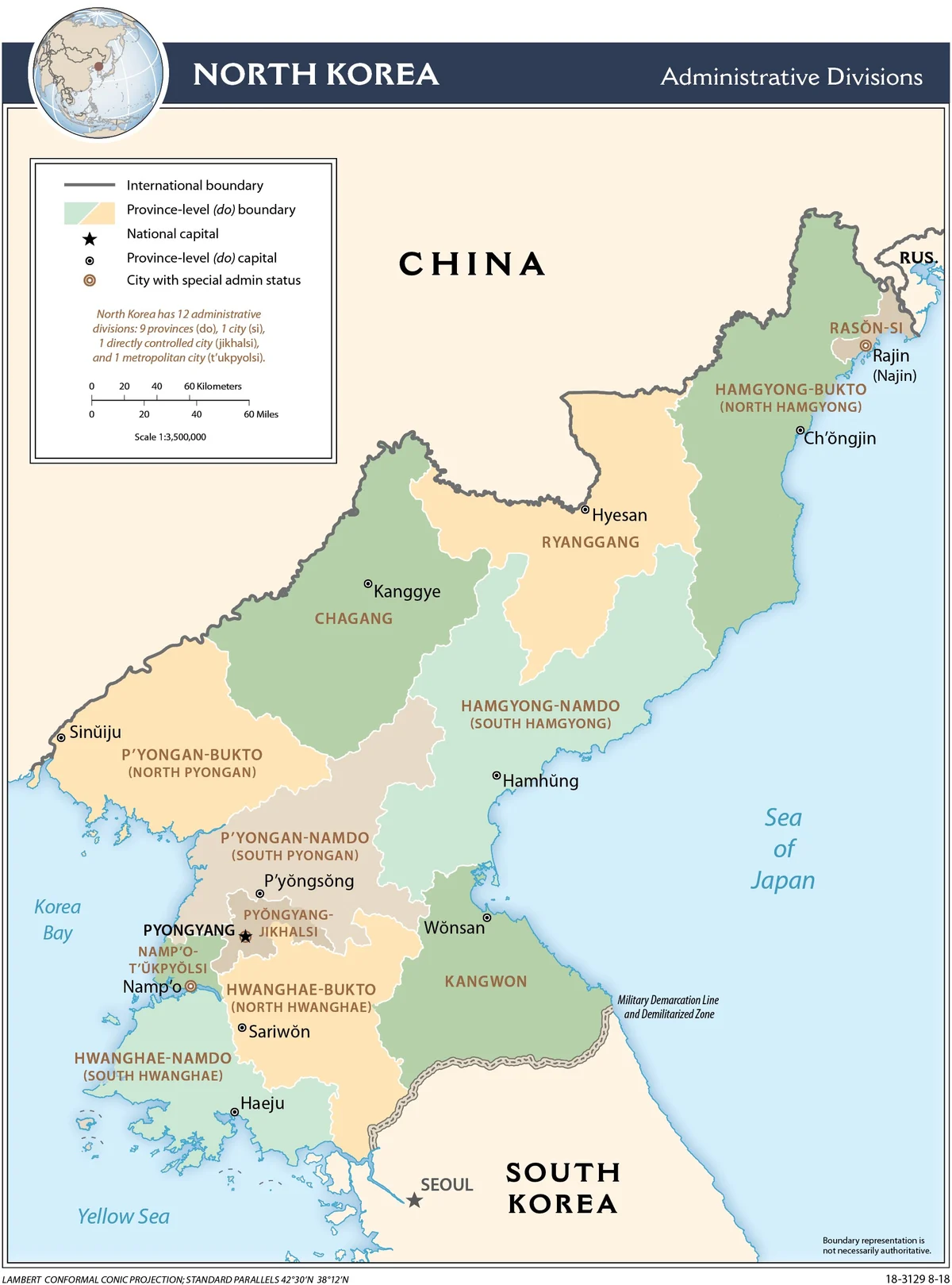 Mapa administrativo de Corea del Norte con provincias, Pionyang, Nampo, Rason, capitales provinciales, China, Rusia y Corea del Sur