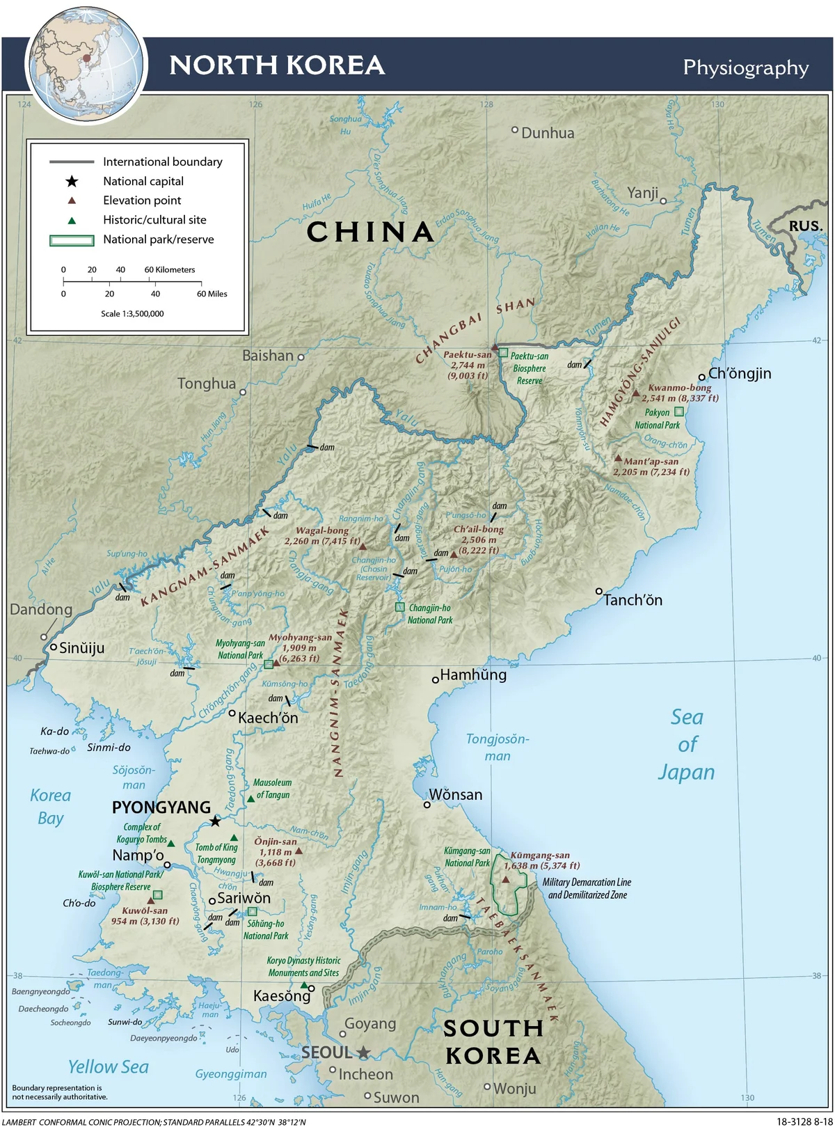 Mapa físico de Corea del Norte con relieve, montañas, ríos, Paektu-san, Taedong, Yalu, Tumen, Pionyang, Kaesong y Wonsan