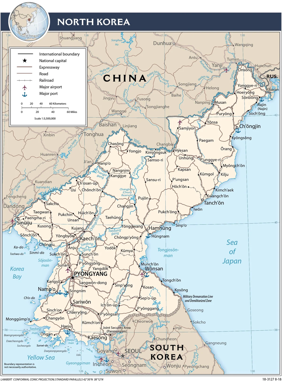 Mapa de transporte de Corea del Norte con carreteras, ferrocarriles, aeropuertos, puertos, Pionyang, Sinuiju, Hamhung, Chongjin, Wonsan, Nampo y Rason