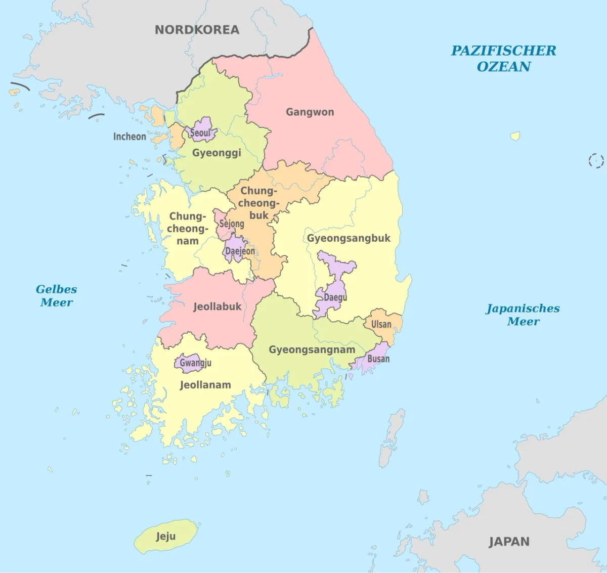 Mapa administrativo de Corea del Sur con Seúl, Sejong, provincias, ciudades metropolitanas, Jeju y Corea del Norte