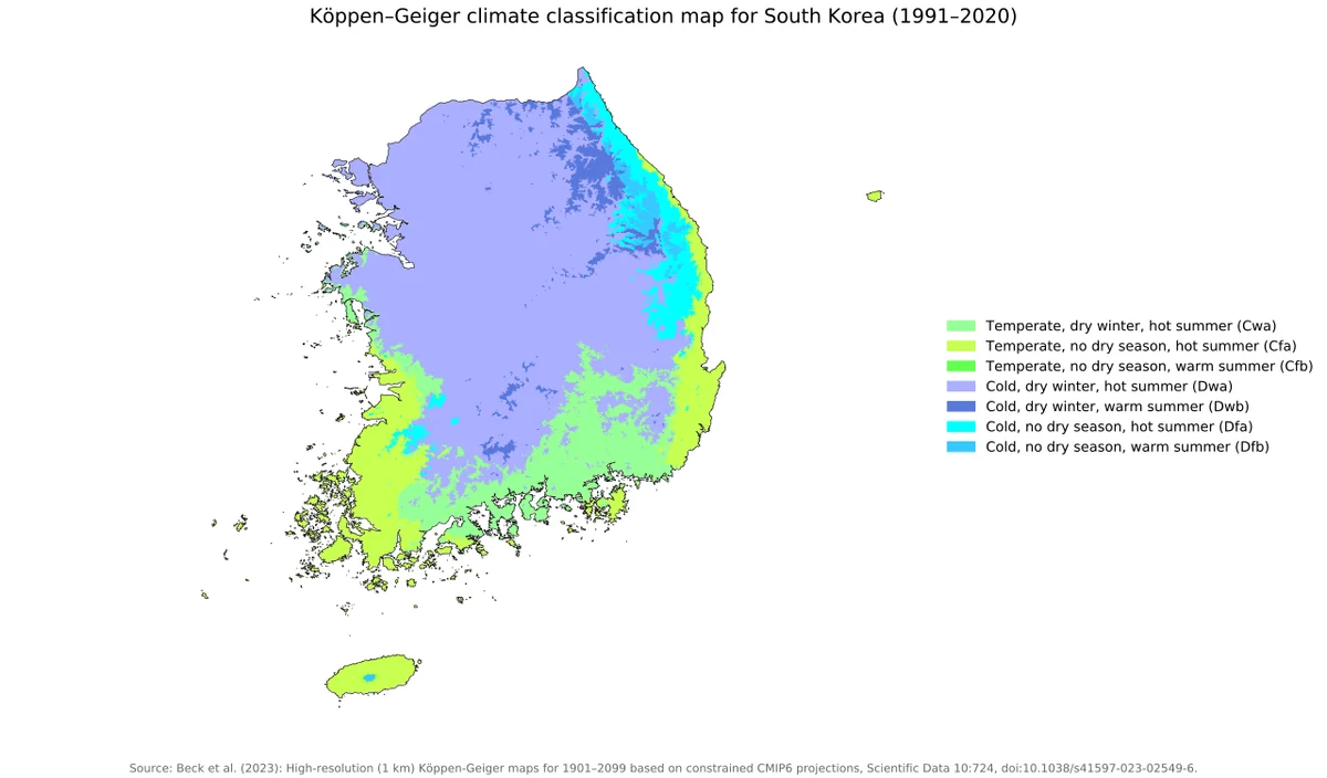 Mapa de Corea del Sur con clasificación climática Köppen-Geiger 1991-2020 y leyenda en inglés