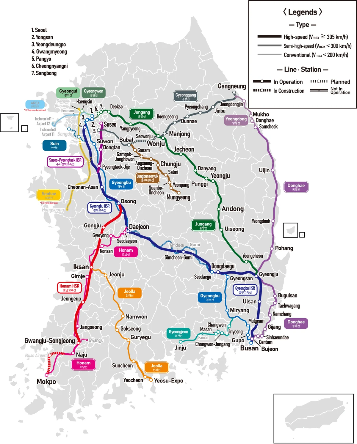 Mapa ferroviario de Corea del Sur con líneas KTX, estaciones, alta velocidad, líneas en construcción y líneas planificadas