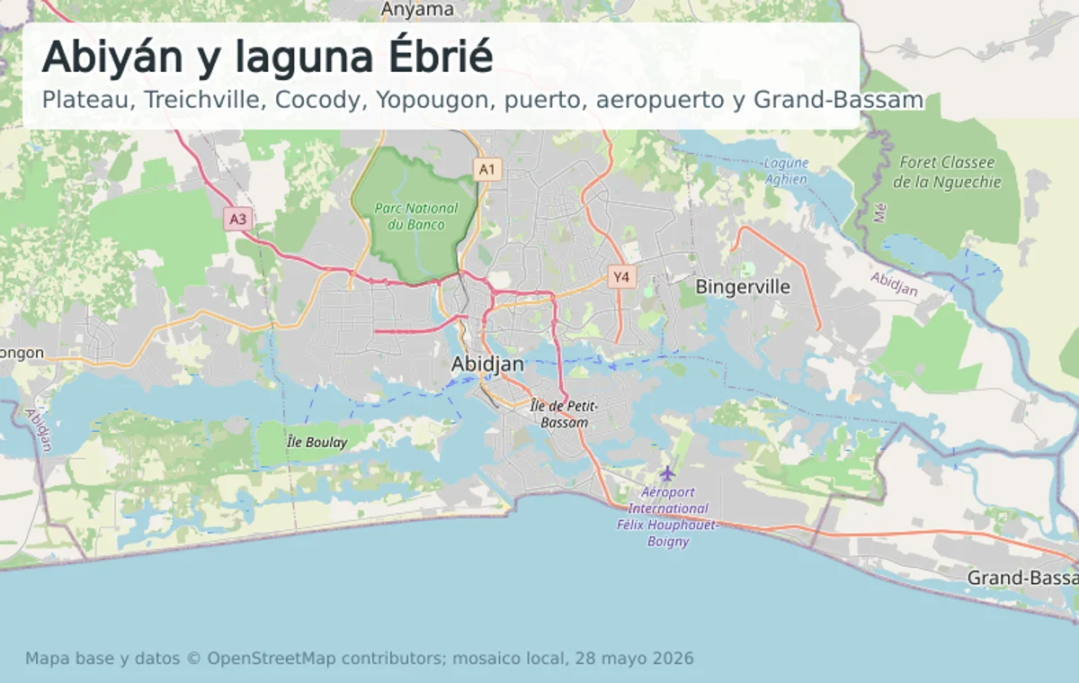 Mapa urbano de Abiyán con Plateau, Treichville, Cocody, Yopougon, puerto, aeropuerto, laguna Ébrié y Grand-Bassam