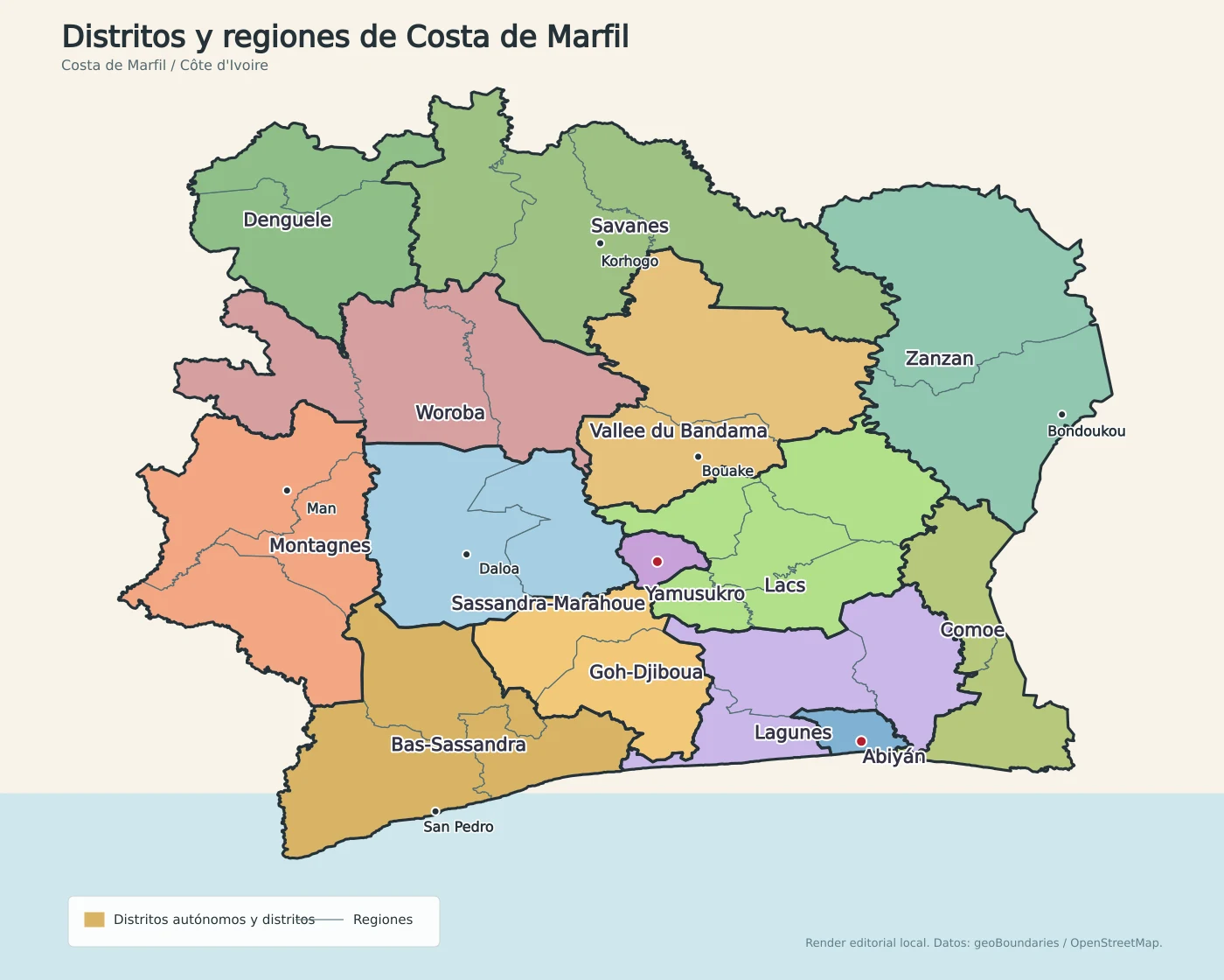 Mapa administrativo de Costa de Marfil con distritos, regiones, Abiyán, Yamusukro, Bouaké, San Pedro, Korhogo, Man, Daloa y Bondoukou