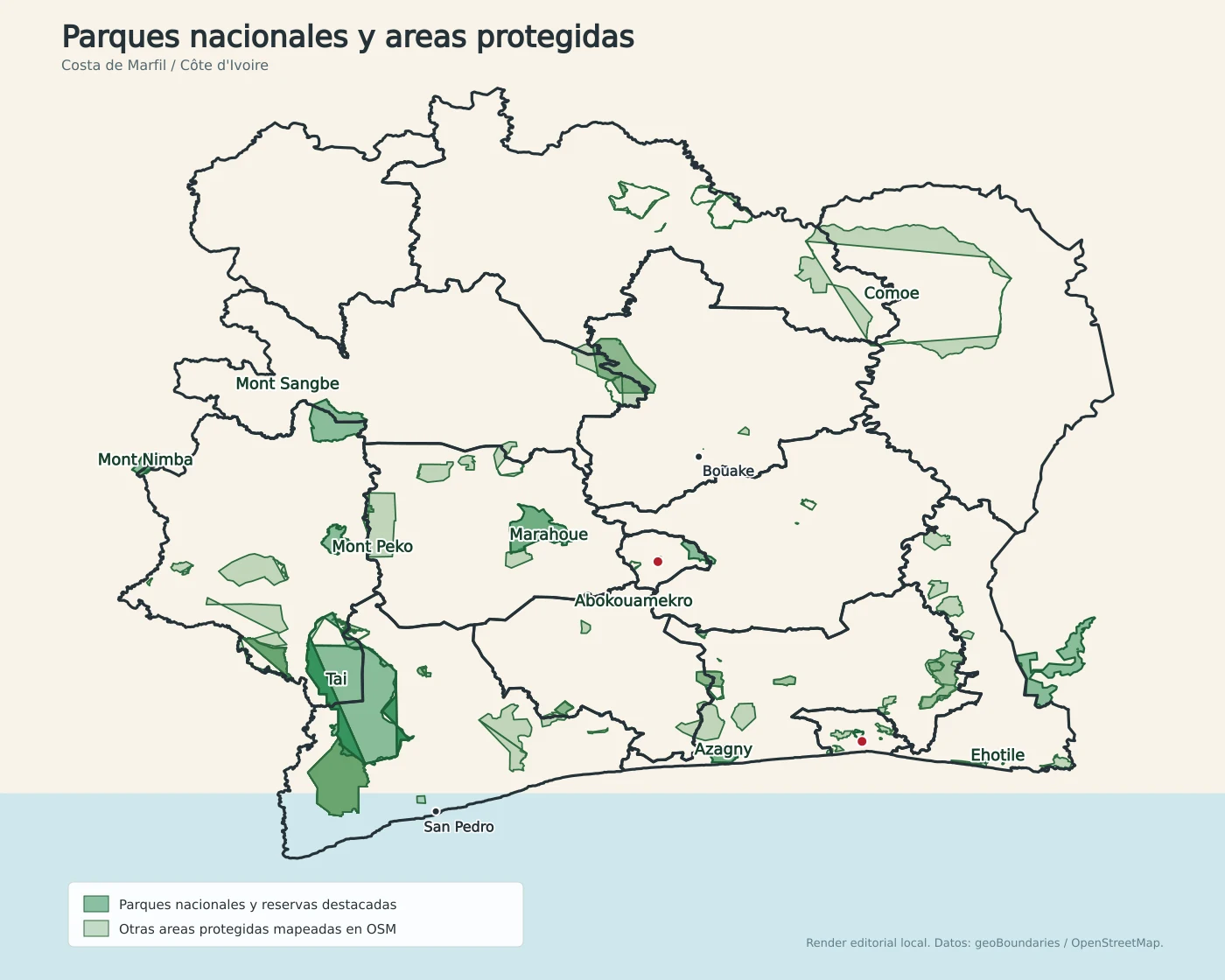Mapa de áreas protegidas de Costa de Marfil con los parques nacionales de Taï, Comoé, Marahoue, Mont Peko, Mont Sangbe, Azagny, Ehotile y Mont Nimba