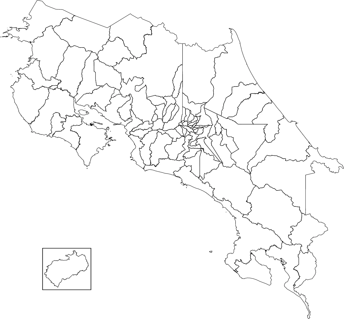 Mapa en blanco de Costa Rica con límites cantonales actualizados hasta 2023 e Isla del Coco reescalada