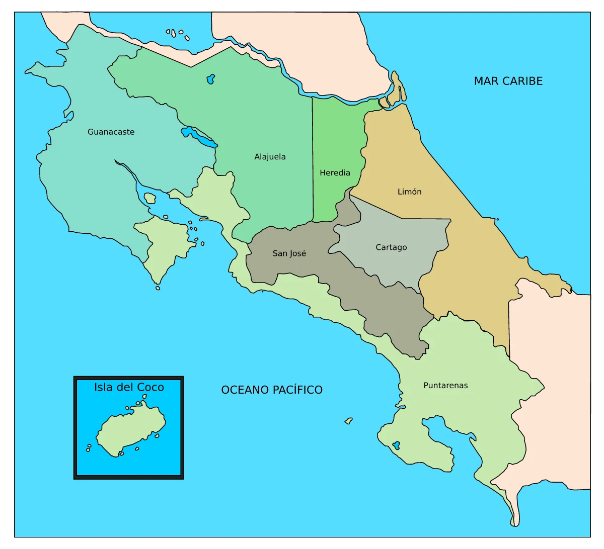 Mapa en español de Costa Rica con las provincias Guanacaste, Alajuela, Heredia, Limón, Cartago, San José y Puntarenas, e Isla del Coco en recuadro