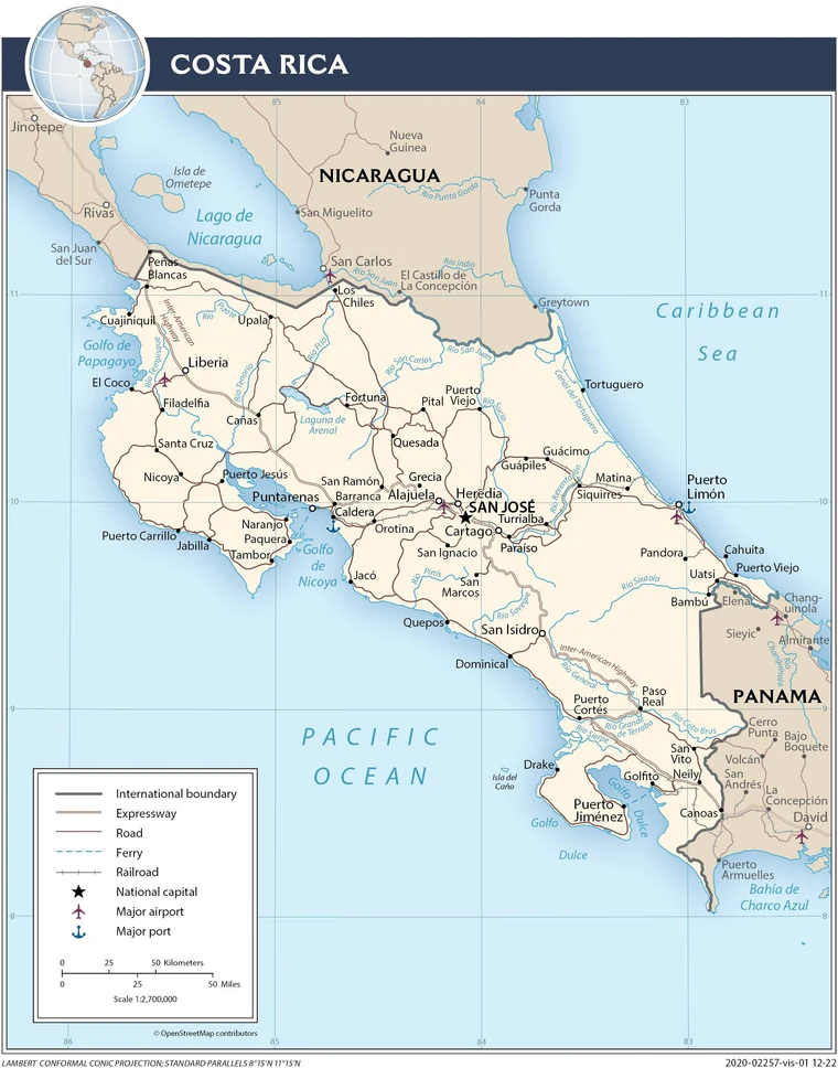 Mapa de Costa Rica con carreteras, autopistas, ciudades, ferrocarril, aeropuertos, puertos y países vecinos