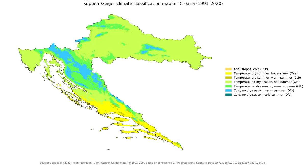 Mapa de Croacia con clasificación climática Köppen-Geiger 1991-2020 y categorías Csa, Csb, Cfa, Cfb, Dfb, Dfc y BSk